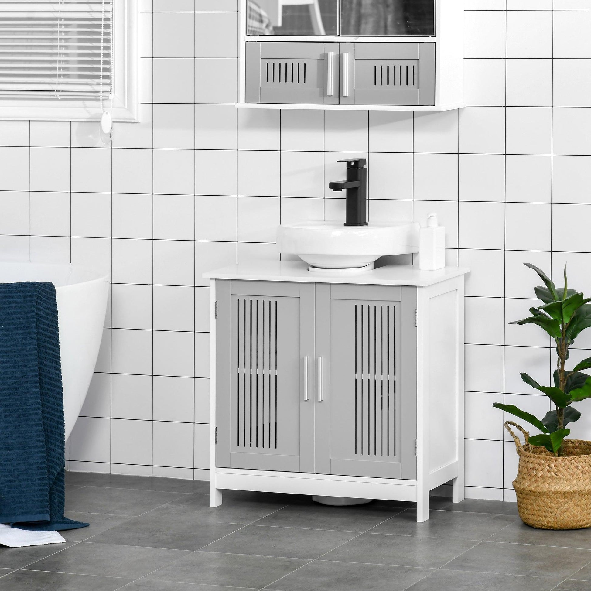 Kleankin Grey Under Sink Cabinet with 2 Doors, Adjustable Shelves - ALL4U RETAILER LTD