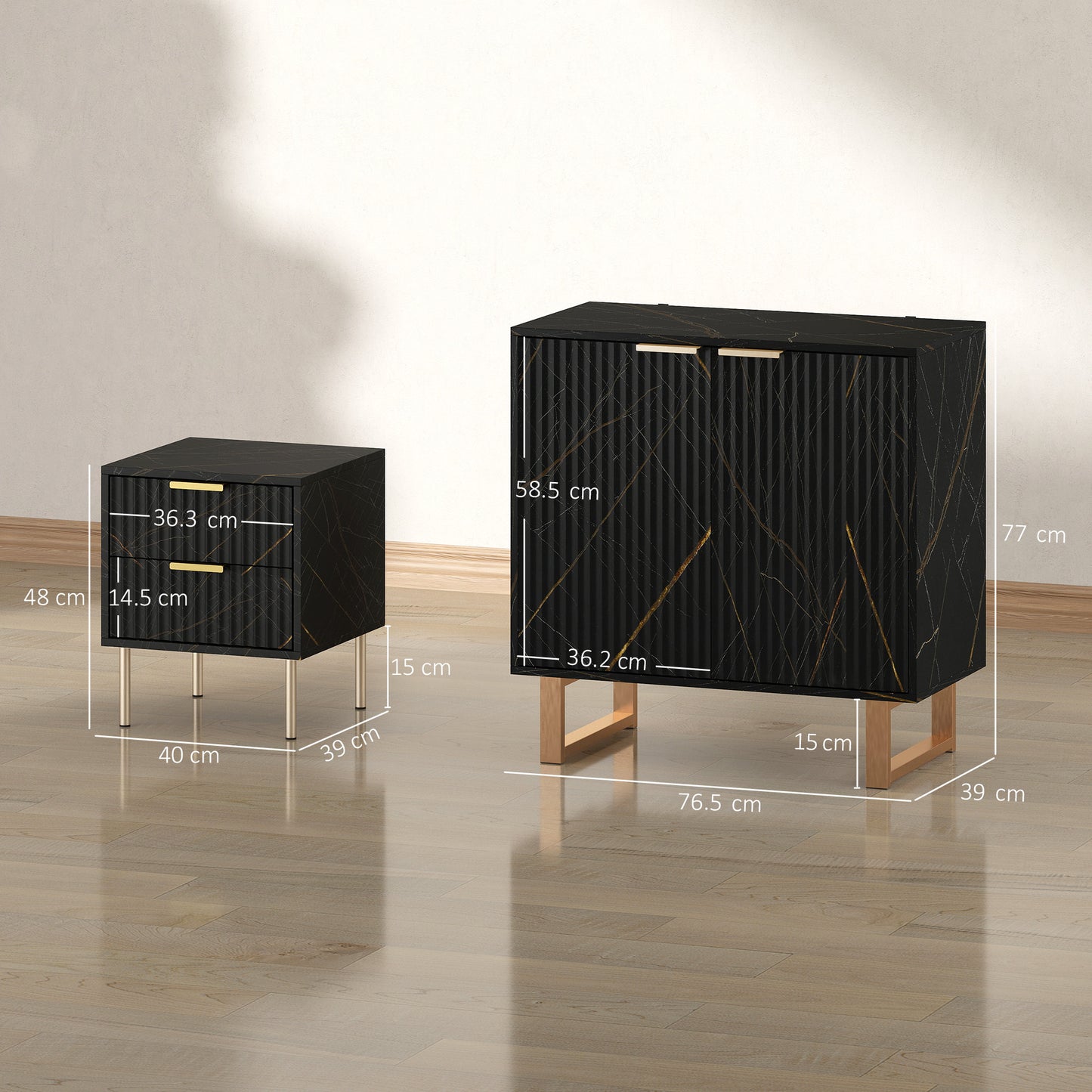 HOMCOM Marble Effect Sideboard Accent Cabinet With Adjustable Shelf Fluted Doors And Drawers Black