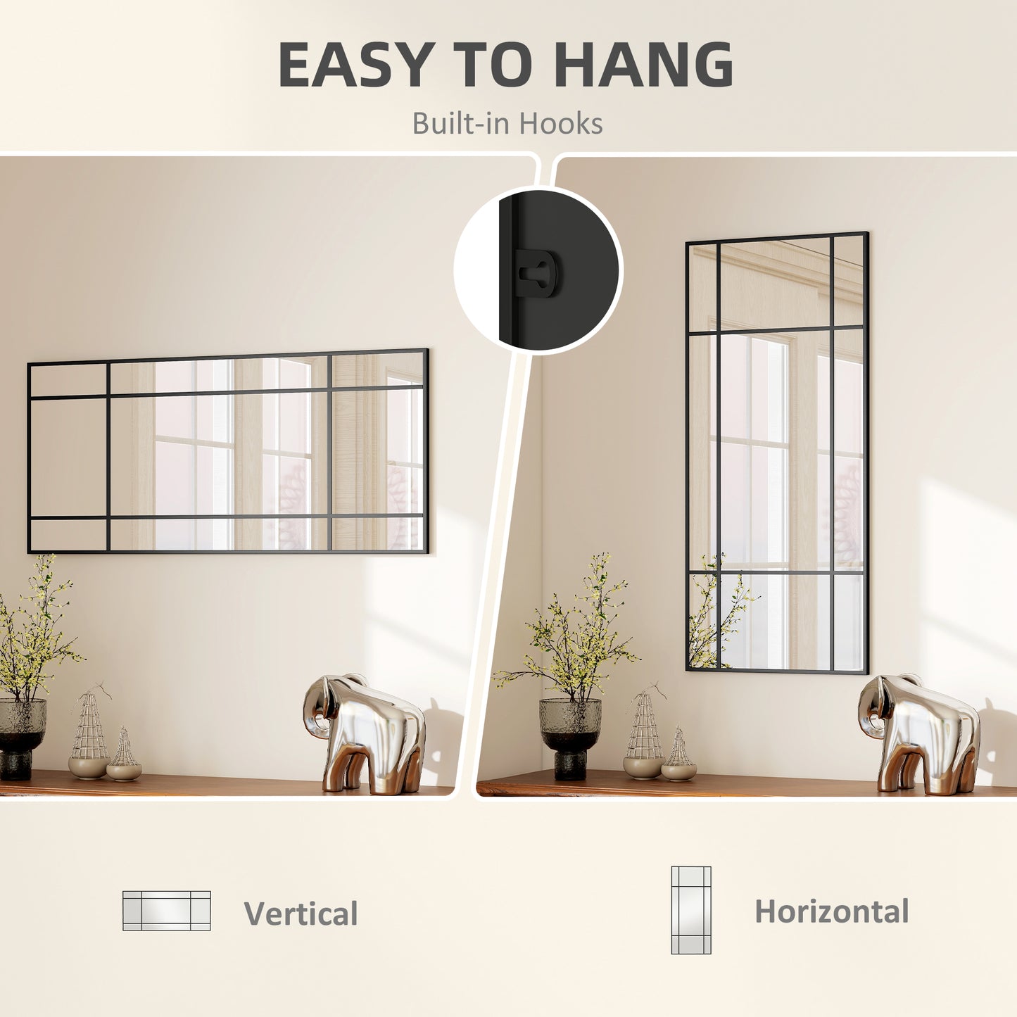 HOMCOM Decorative Grid Wall Mirror With Back Hooks Black Finish For Living Room Bedroom Decor