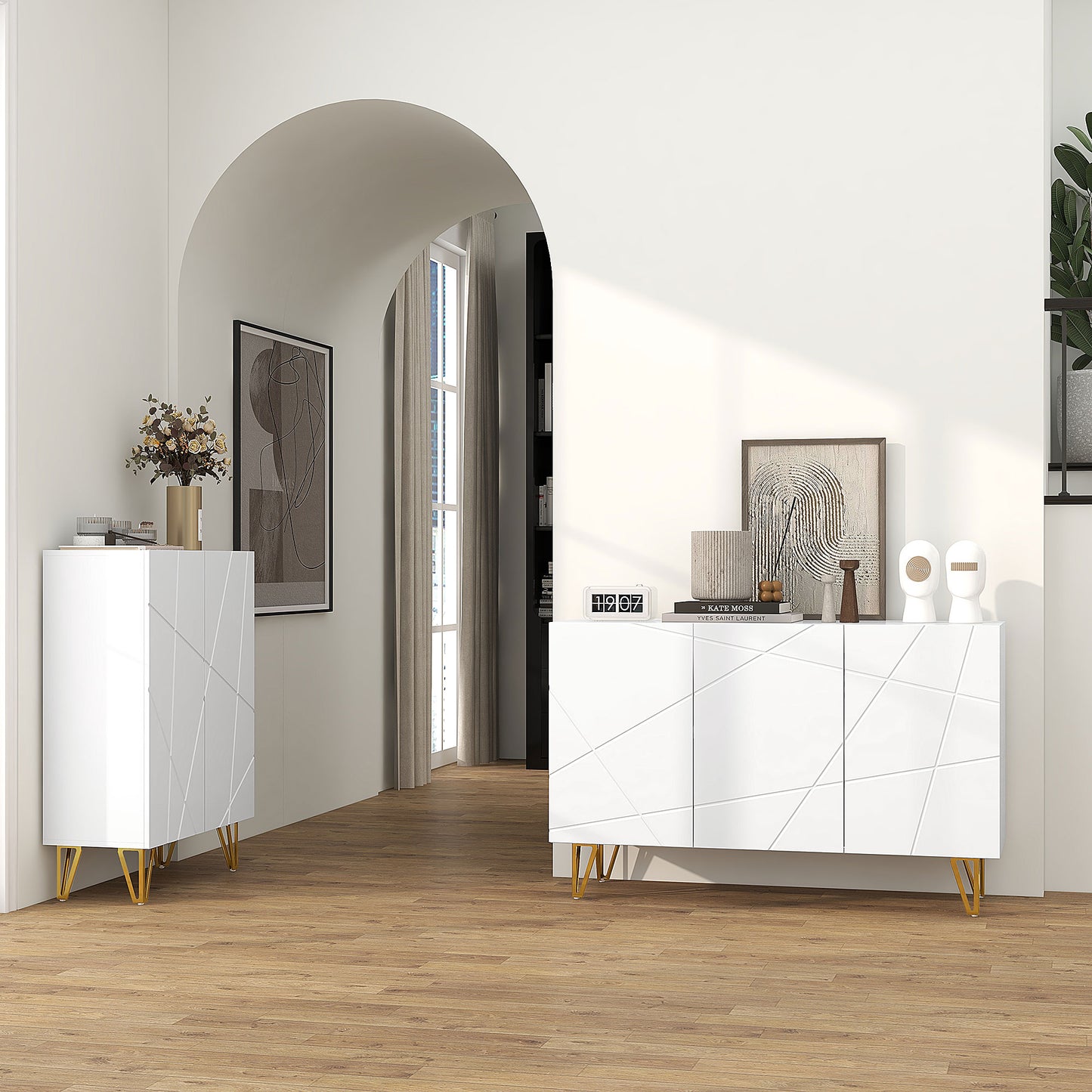 HOMCOM Elegant High Gloss Freestanding Sideboard with Adjustable Shelves and Gold Hairpin Legs - Storage Cabinet - ALL4U RETAILER LTD