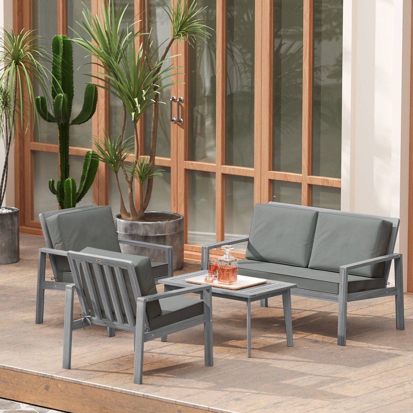 Outsunny 4 Piece Wooden Garden Furniture Set With Cushions In Light Grey For Patio