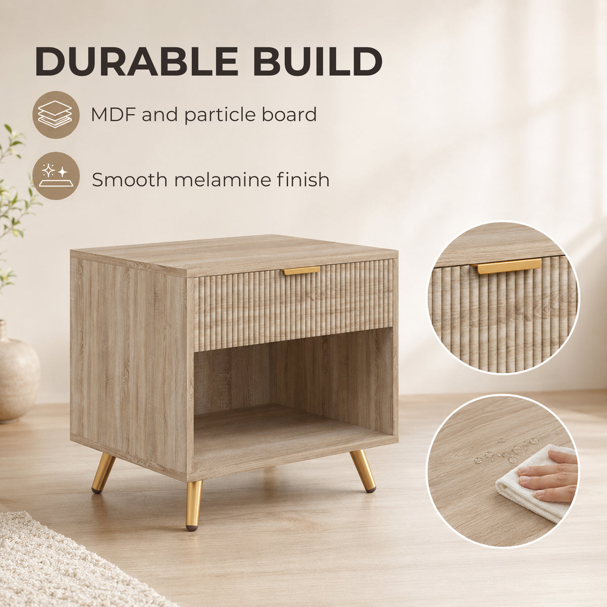 HOMCOM Bedside Table With Drawer Natural Wood Finish Nightstand Bedroom