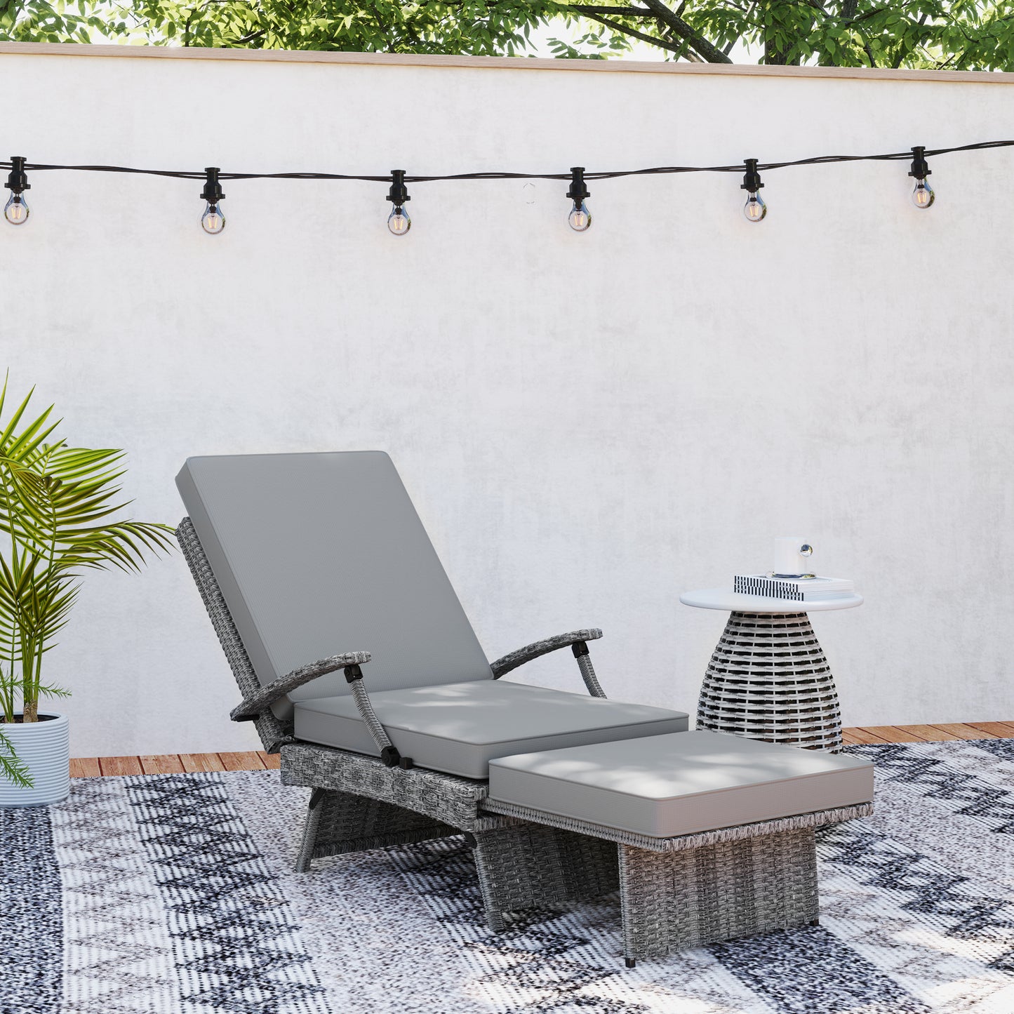 Outsunny 80 Degree Reclining Rattan Lounger With Adjustable Backrest And Footrest Grey Garden Chair