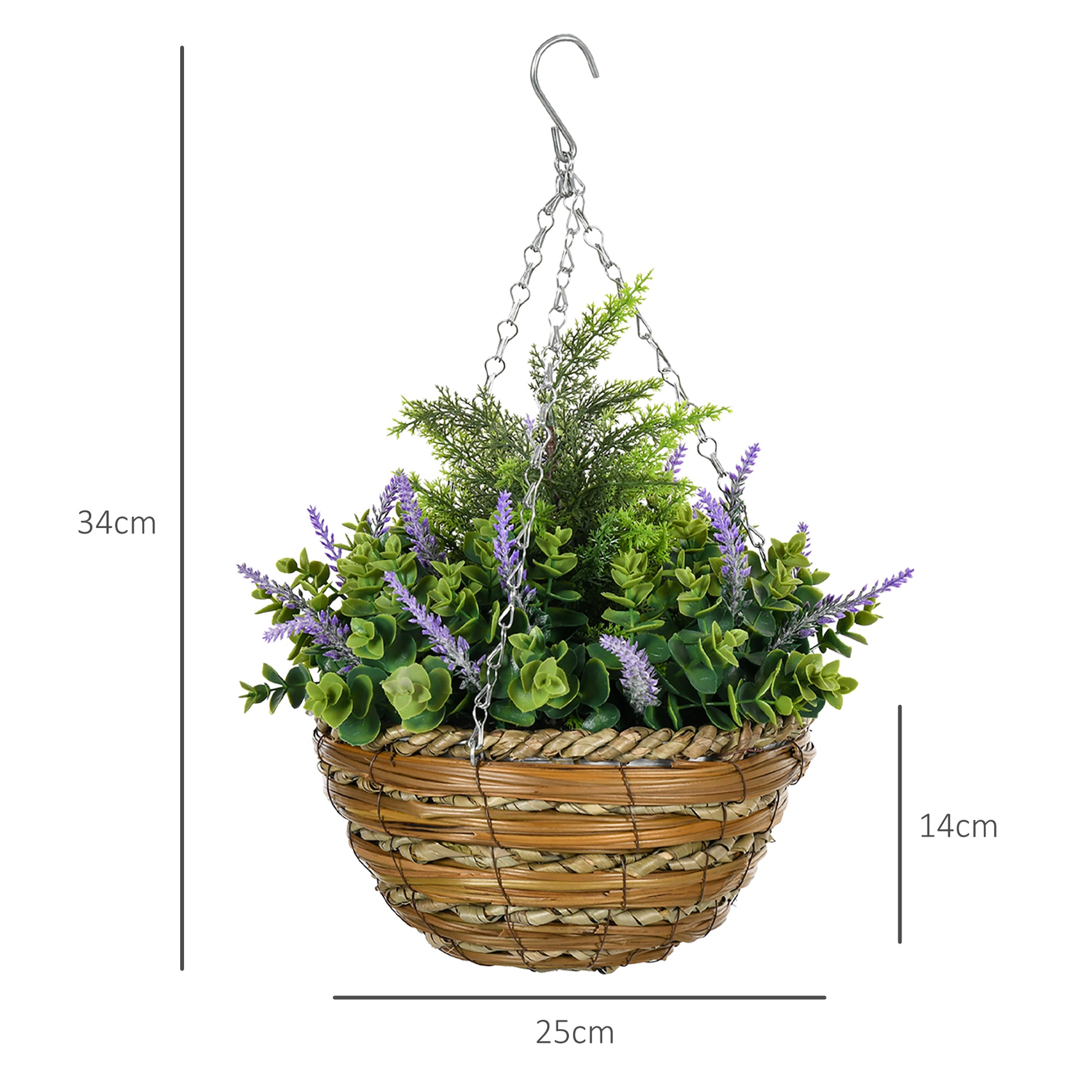 Outsunny Set of 2 Purple Artificial Lisianthus Flower Hanging Planters with Wicker Baskets for Indoor and Outdoor Use - ALL4U RETAILER LTD