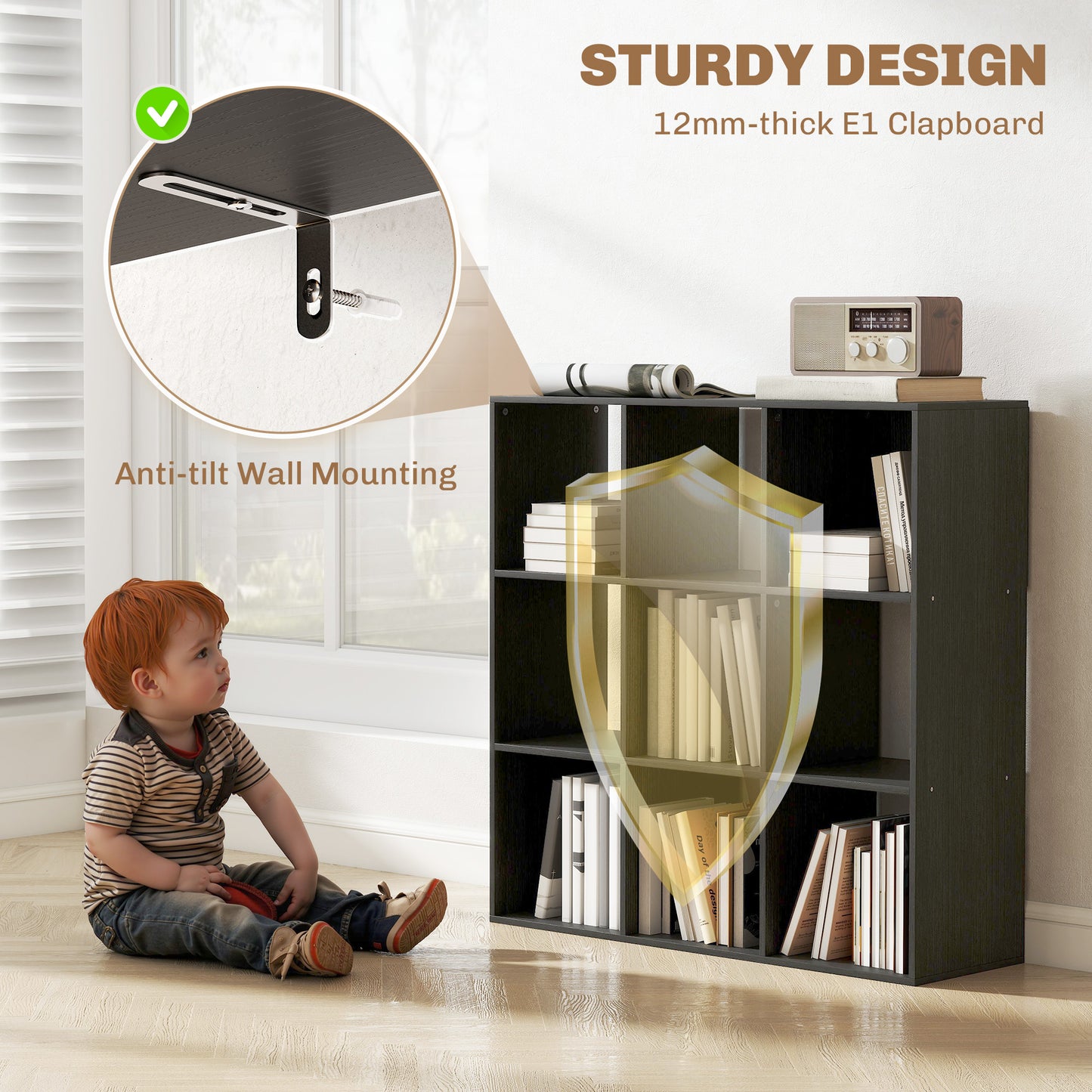HOMCOM Nine Cube Storage Shelf Black Sturdy Particle Board Cube Organizer for Home and Office Use Easy Assembly