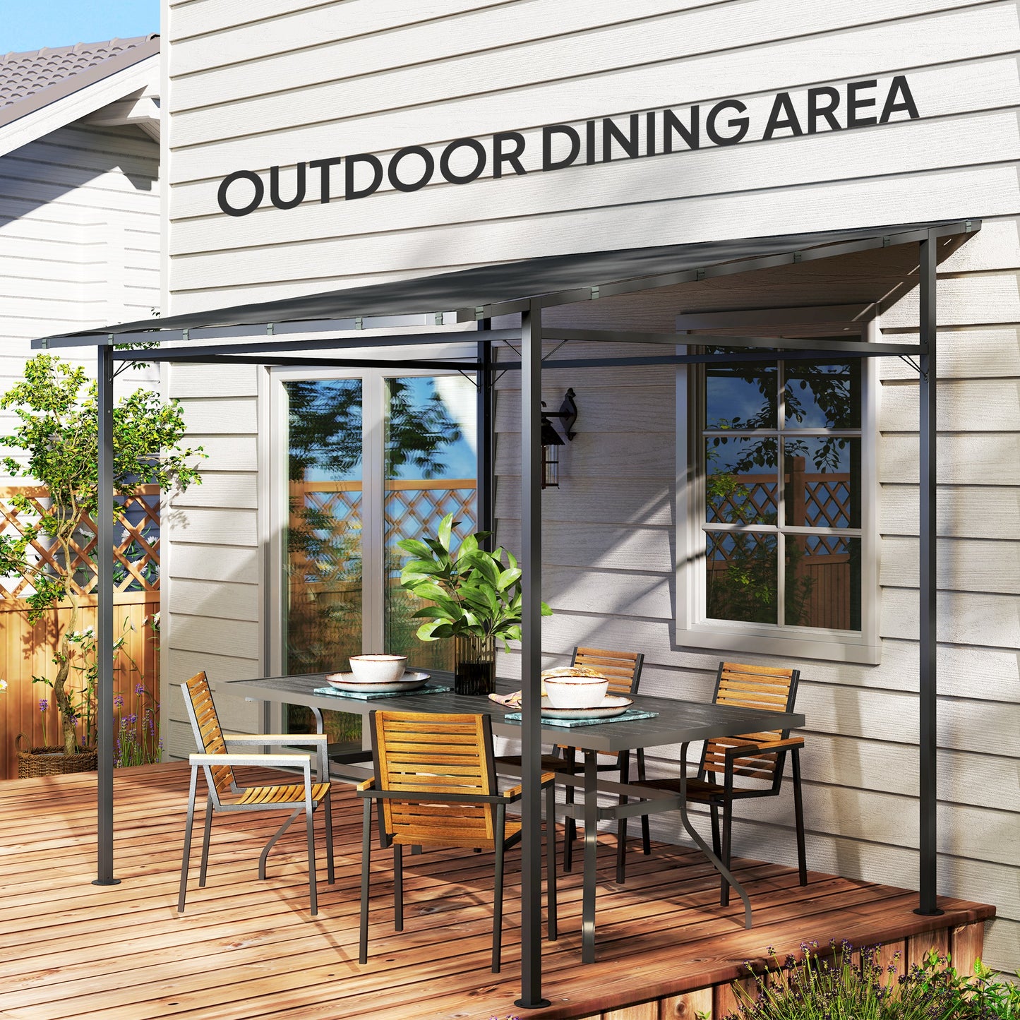 Outsunny 2.4m by 2.4m Wall Mounted Pergola Gazebo with PA Coated Fabric and Metal Frame UPF30 Sun Shade Dark Grey