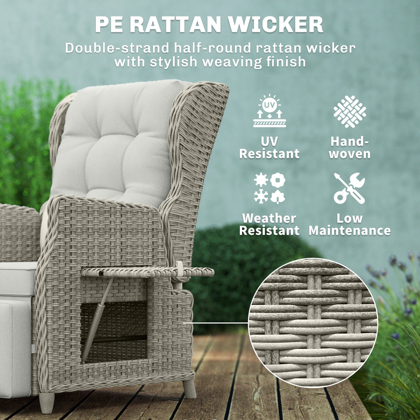 Outsunny Rattan Garden Recliner Chair With Adjustable Back and Footrest Flip Table Cushion Light Grey