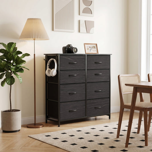Black fabric 8-drawer chest with steel frame and eight pull-out drawer handles