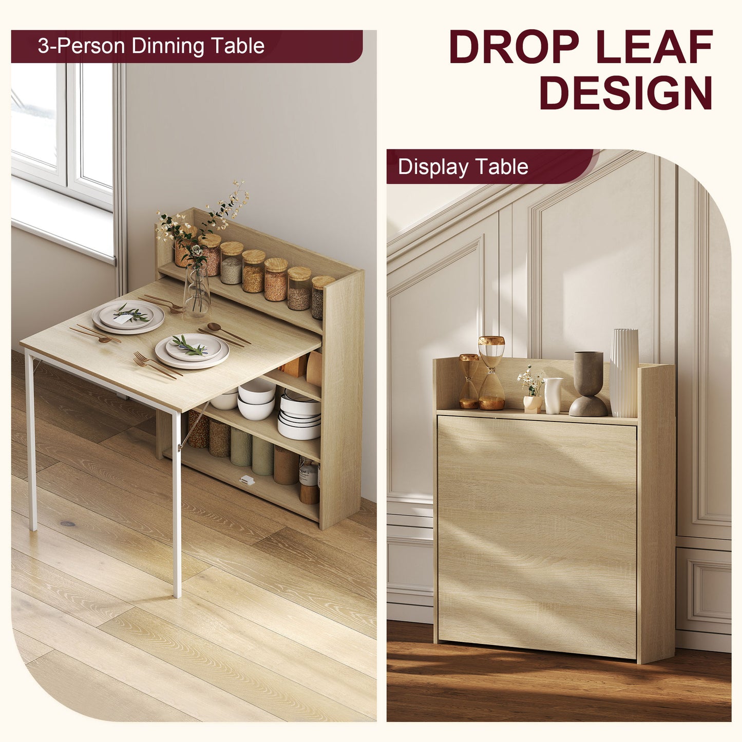 HOMCOM Folding Dining Table With 4 Tier Shelves Drop Leaf Kitchen Table In Oak Wood Effect