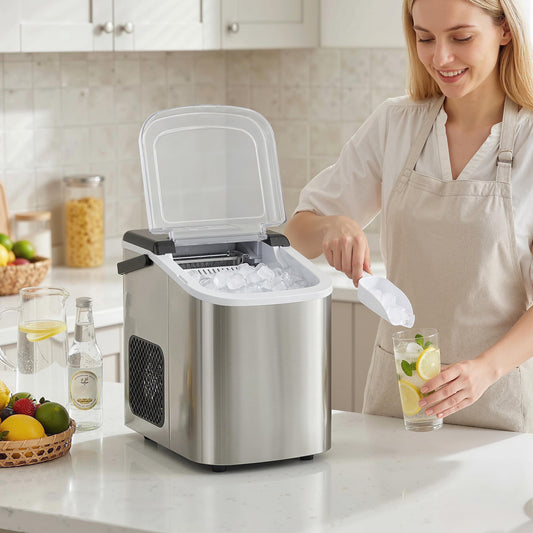 HOMCOM Ice Maker Countertop 9 Cubes in 7 Min 12 Kg per 24 Hours Self Cleaning Portable Handle Scoop Basket Two Ice Sizes