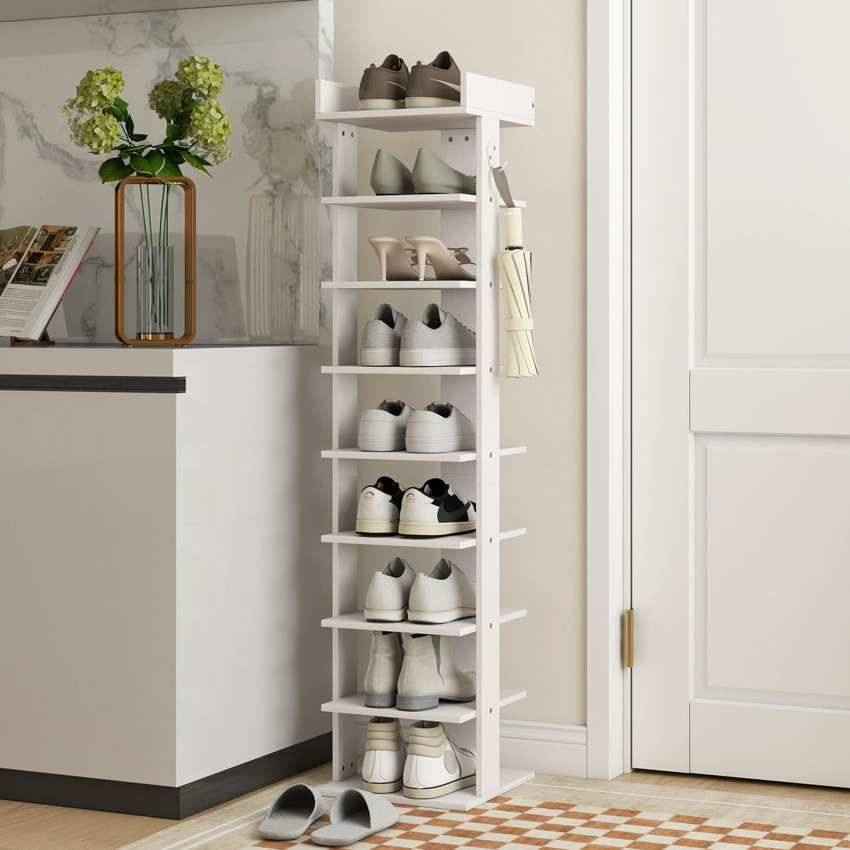 HOMCOM 9 Tier Shoe Rack with Top Tray Guardrail and 2 Hooks White