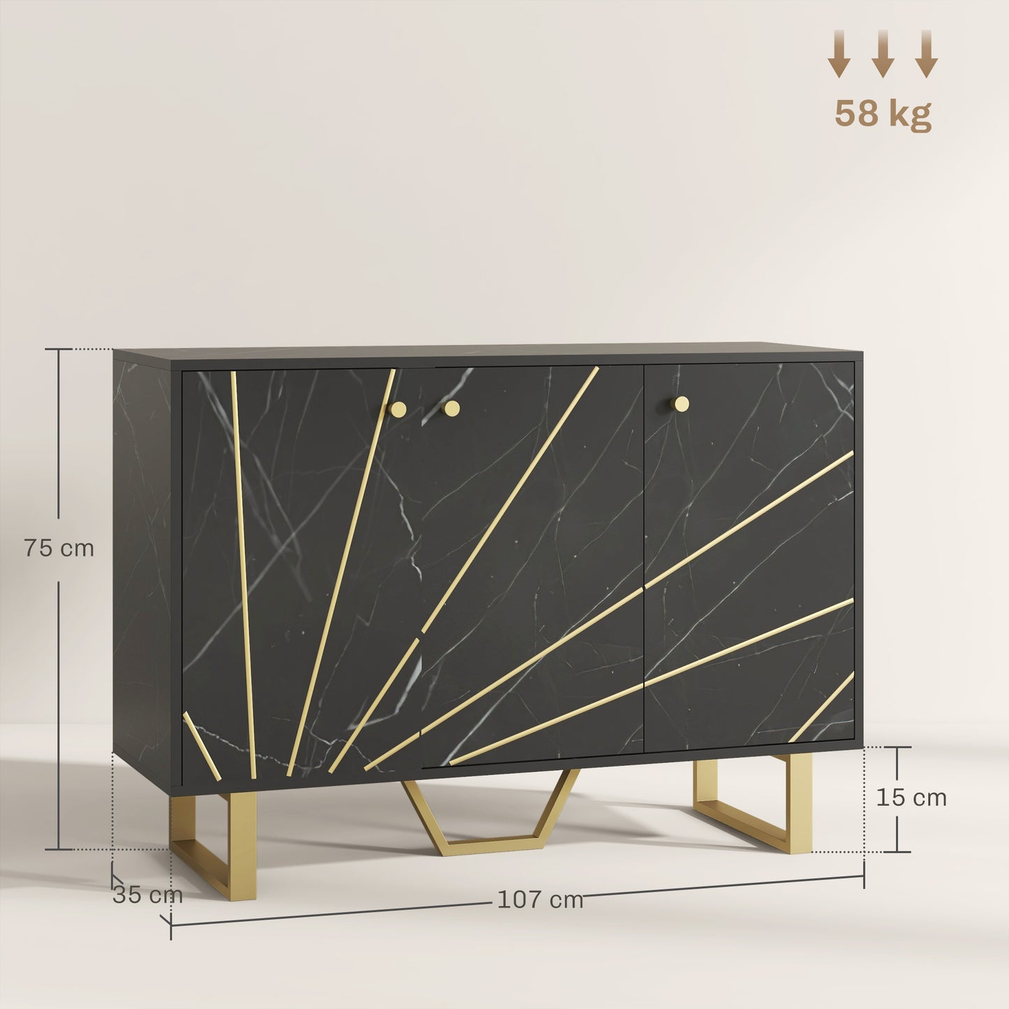 HOMCOM Sideboard Storage Cabinet Modern with Adjustable Shelves and Metal Legs Black Marble Tone for Living Room