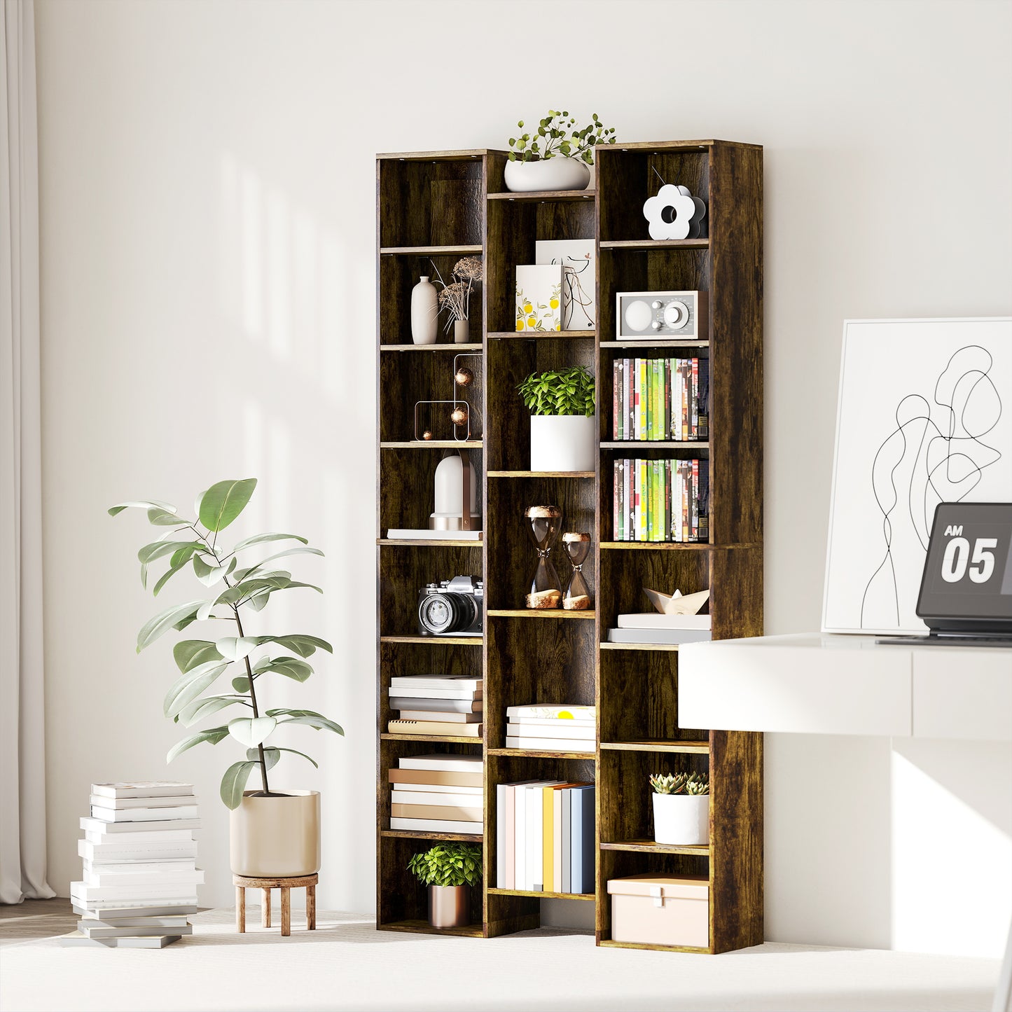 HOMCOM 21 Compartment Tall Bookshelf Brown With Adjustable Shelves And Modern Design