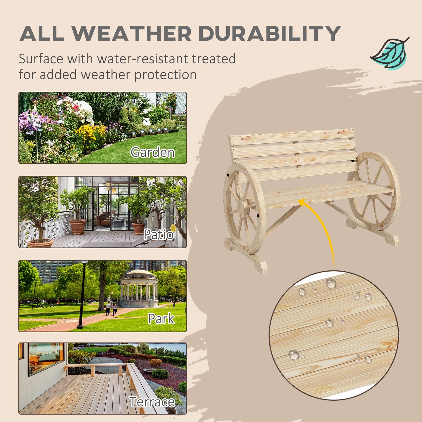 Outsunny Wagon Wheel Chair Bench With Armrests Rustic Loveseat For Outdoor Garden Patio Natural Wood Finish