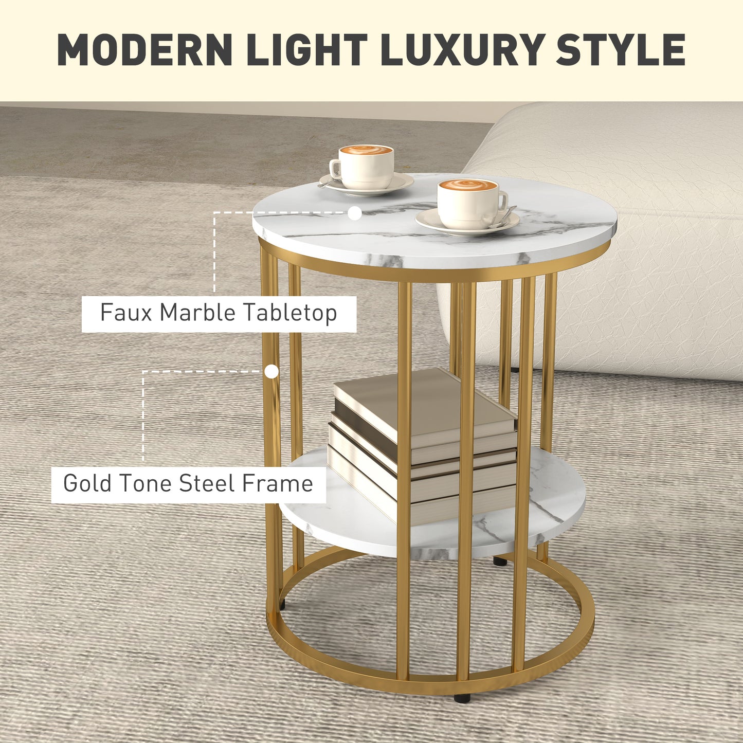 HOMCOM Marble Effect Coffee Table Set White And Gold Tone Two Piece With Two Tier Design