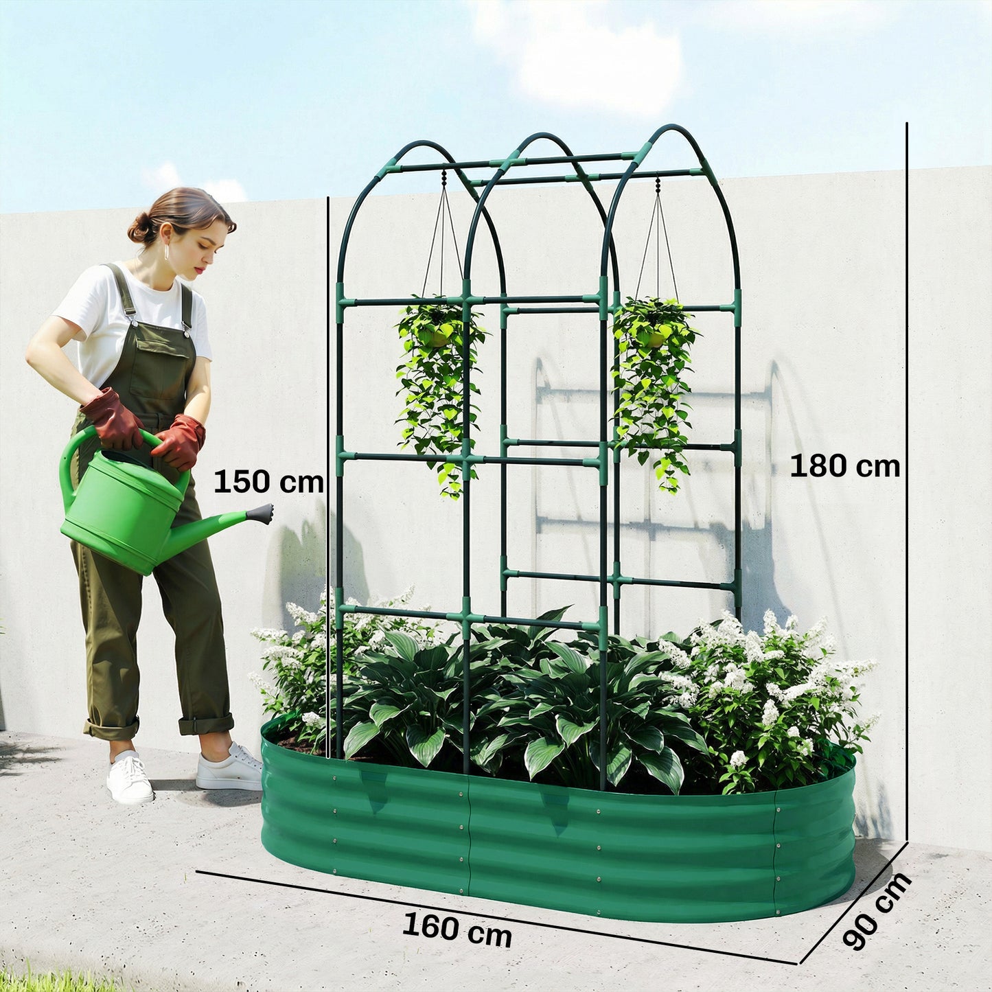 Outsunny Galvanised Raised Garden Bed With Arched Trellis 5x3x6 Ft Open Bottom Metal Garden Bed Green