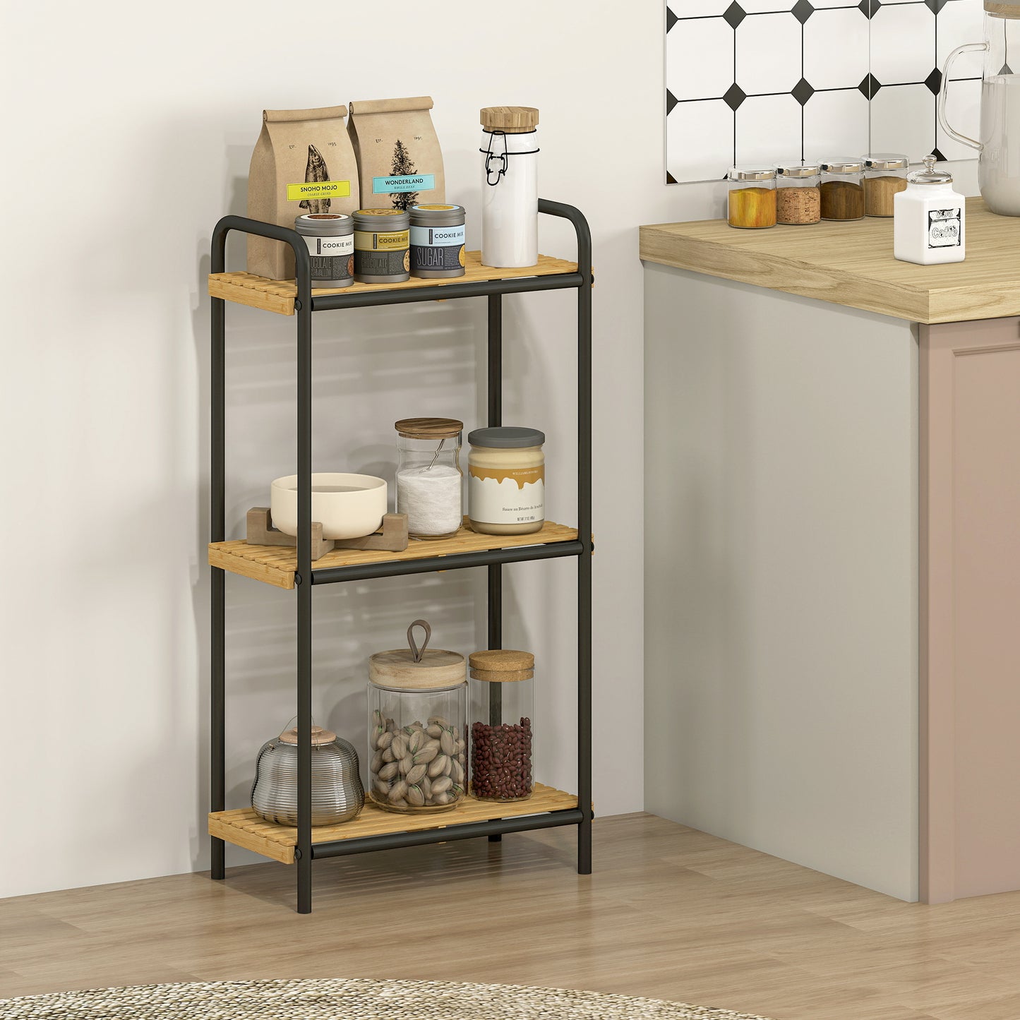 HOMCOM 3 Tier Bamboo Bathroom Storage Shelf Freestanding Narrow Shelving Unit With Slatted Shelves Natural Black