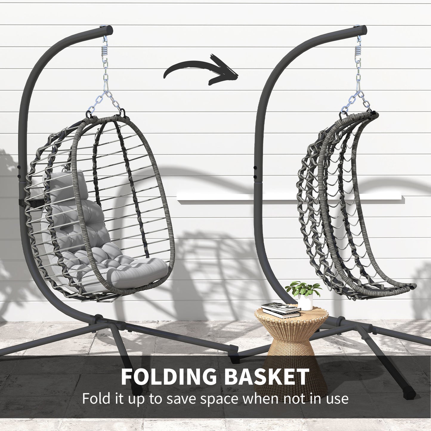 Outsunny Rattan Egg Chair With Stand Cushion Foldable Wicker Swing Adjustable Height Head Pillow Steel Frame Light Grey