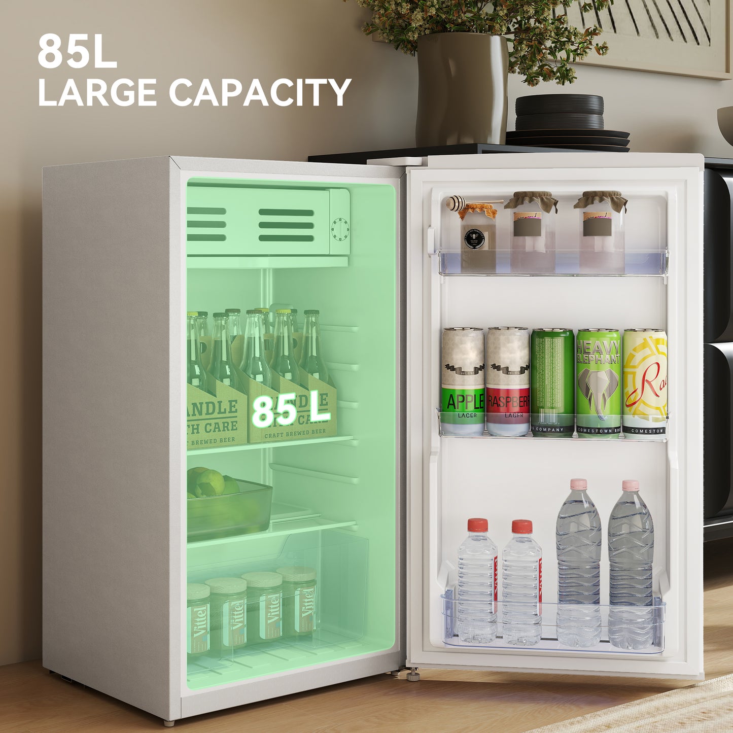 HOMCOM 85L Under Counter Fridge With Chiller Box Small Retro Refrigerator Adjustable Thermostat Glass Shelves White