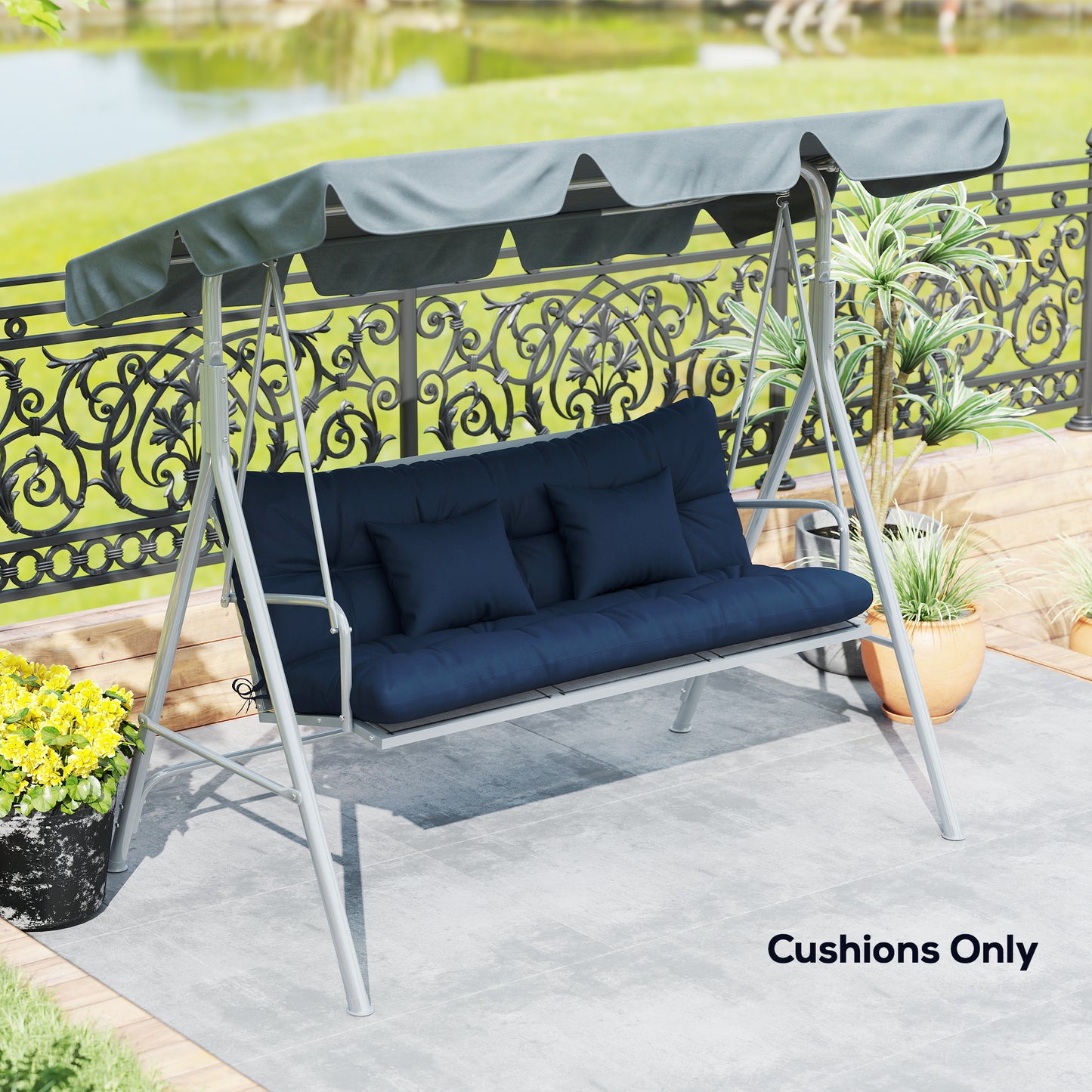 Outsunny Outdoor Seat Cushions Back Cushion With 2 Pillows Water Repellent Seat Pads For 3 Seater Chair Dark Blue