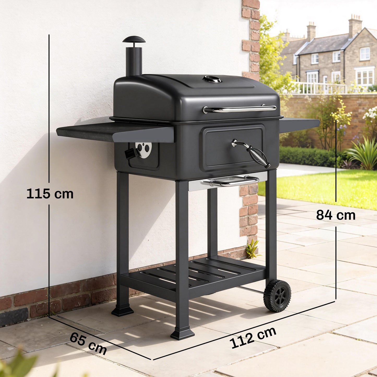 Outsunny Charcoal BBQ Grill With Adjustable Pan Large Outdoor Barbecue Smoker With Side Tables Temperature Control