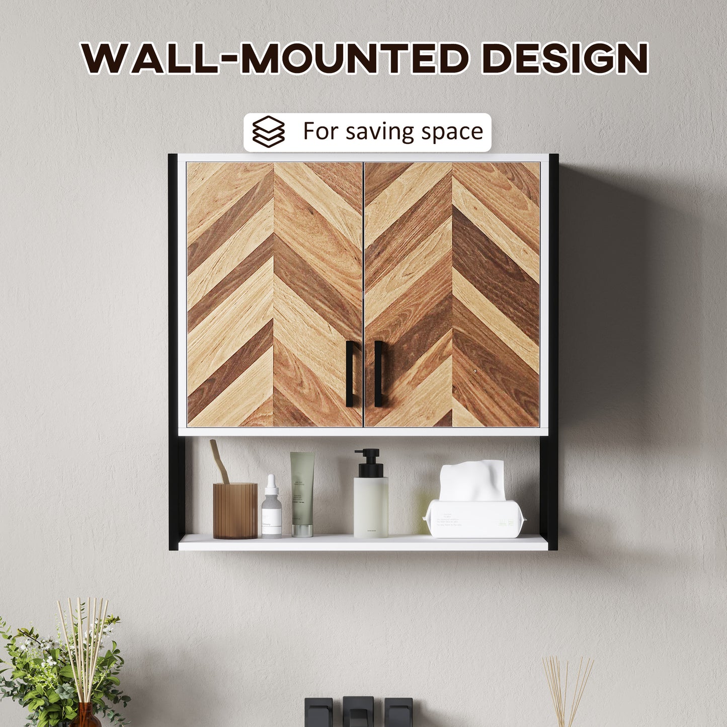 HOMCOM Wall Mounted Bathroom Medicine Cabinet With Two Doors Open Shelf And Adjustable Shelves Walnut Finish
