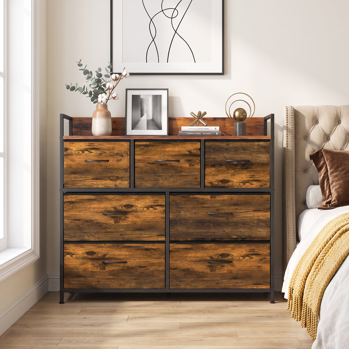 7-drawer fabric chest of drawers with rustic brown drawer fronts and black steel frame