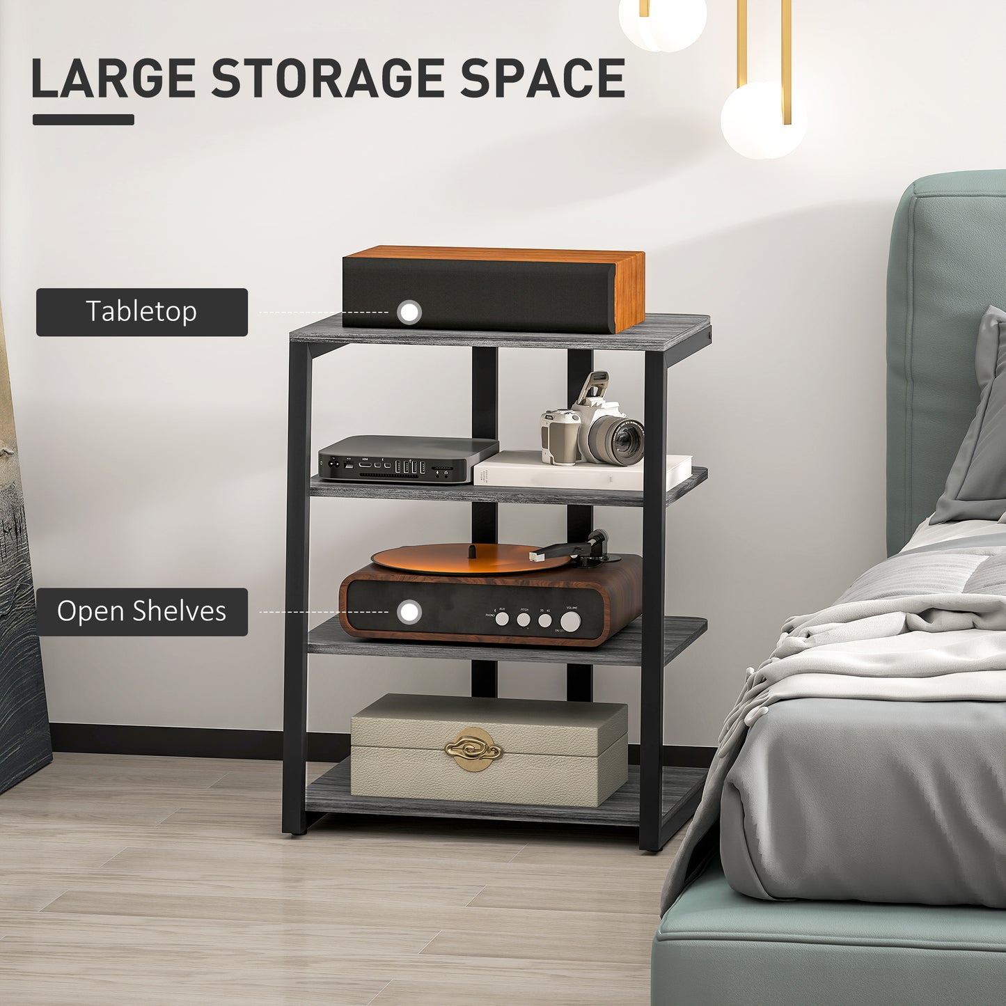 HOMCOM HiFi Stand With Four Storage Shelves In Dark Grey Adjustable Middle Shelves And Sturdy Steel Frame
