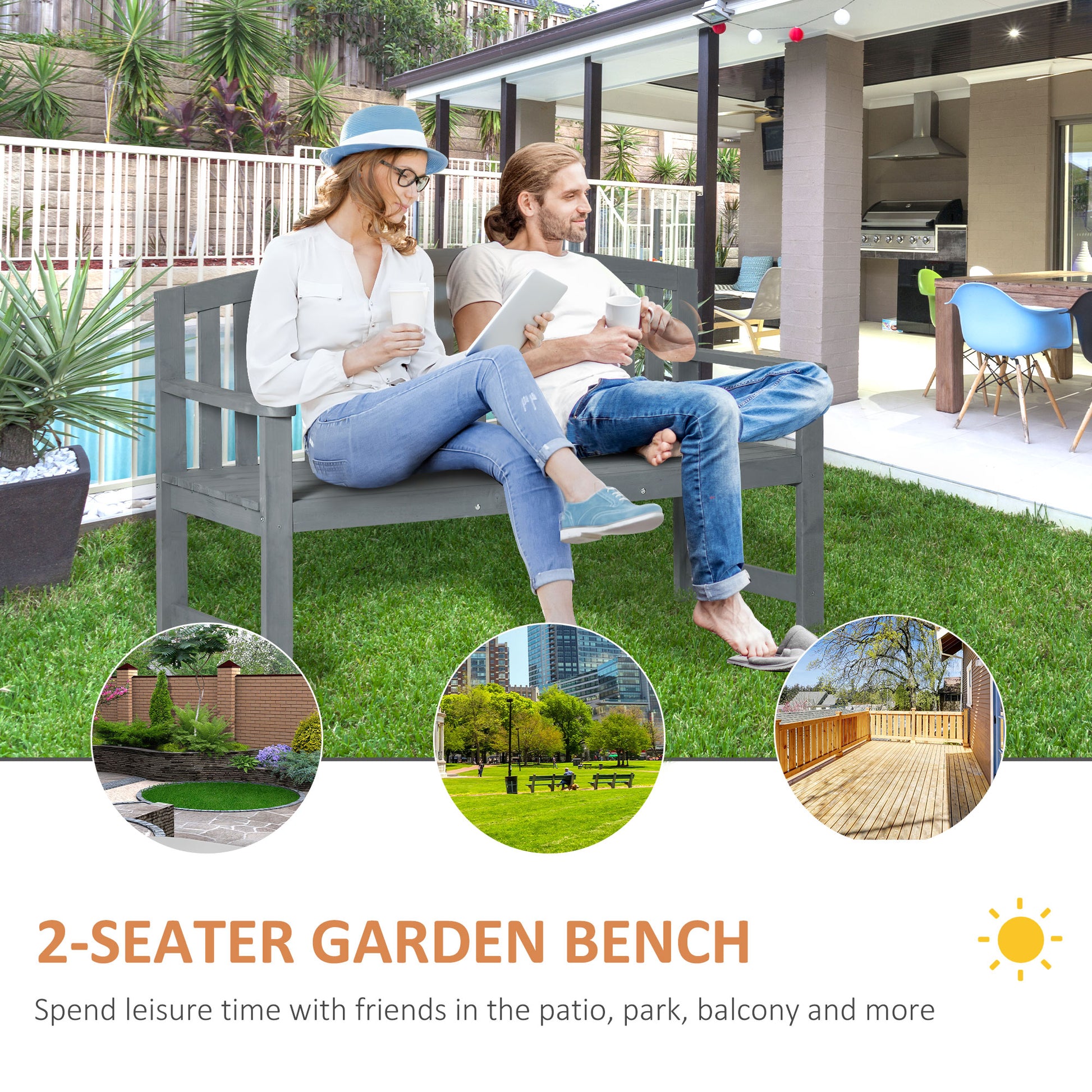 Outsunny Grey Fir Wood Outdoor 2-Seater Garden Bench with Armrests - ALL4U RETAILER LTD