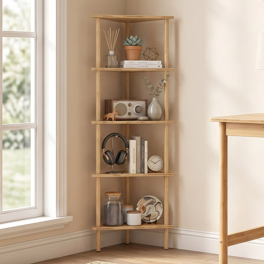Five-tier corner bamboo shelf with open cubbies, natural wood finish