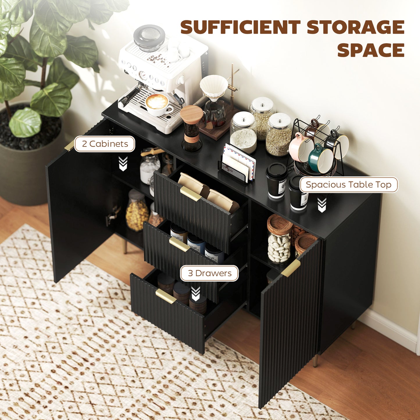 HOMCOM 2 Door Sideboard With 3 Drawers And Adjustable Shelves Black Storage Cabinet