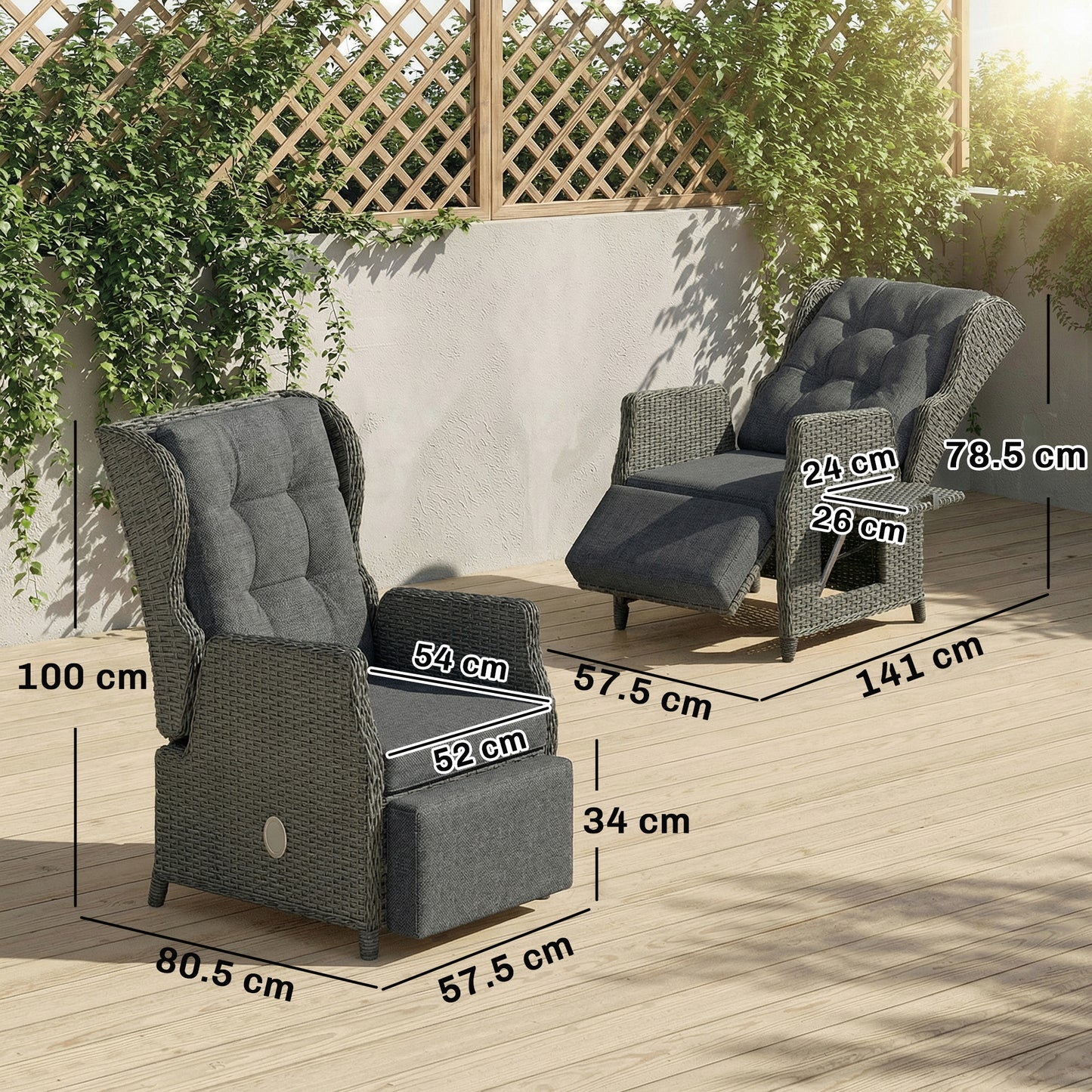 Outsunny Rattan Garden Recliner Chair With Adjustable Back And Footrest Flip Table Cushion Dark Grey