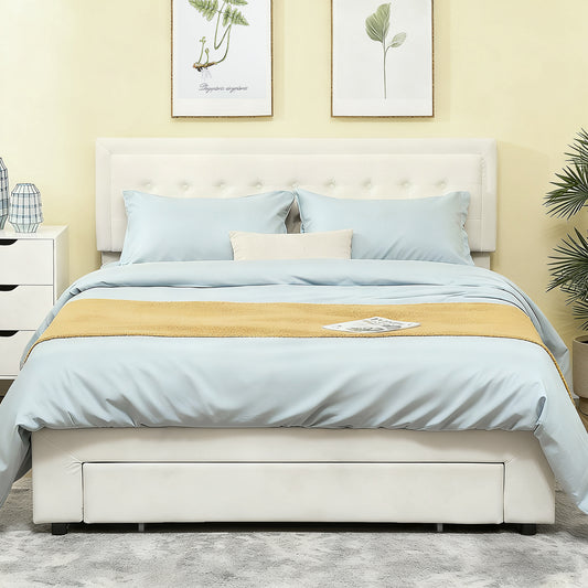 HOMCOM King Size Ottoman Bed Frame With Front Drawer And Gas Lift Storage In Cream