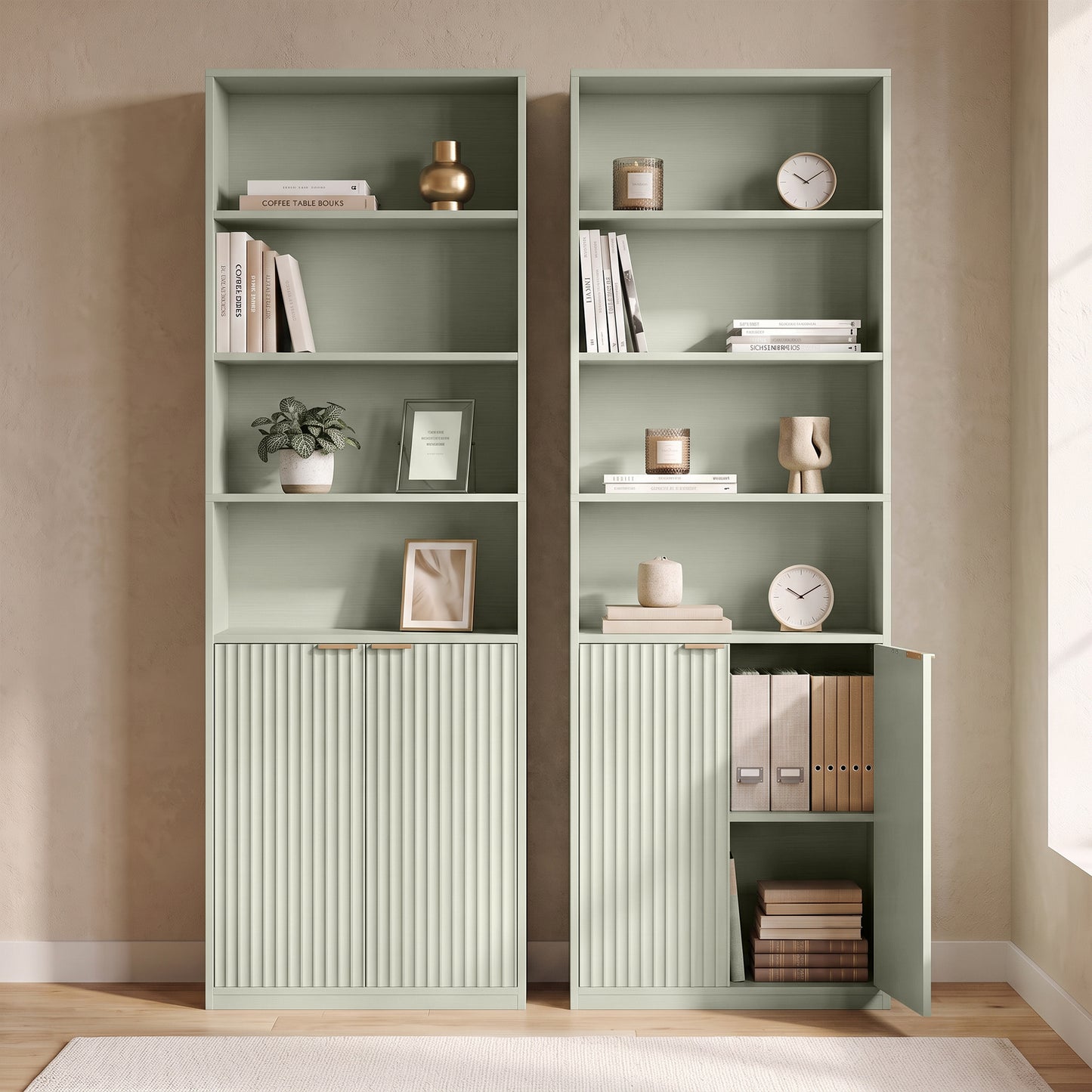 Homcom 6 Tier Slim Bookshelf With Adjustable Shelf And Cabinet Light Green