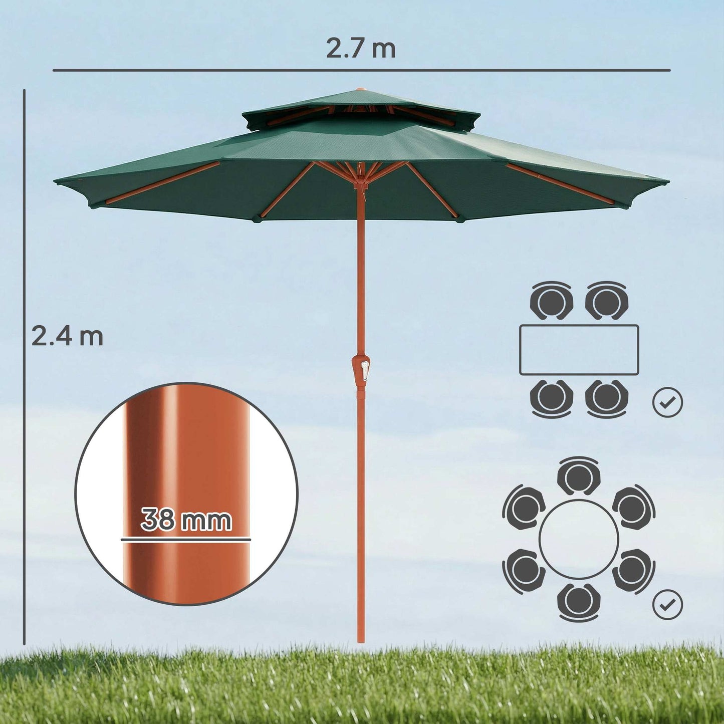 Outsunny 2.7 Meter Garden Parasol With Double Top Canopy Outdoor Market Table Umbrella With Crank System Green