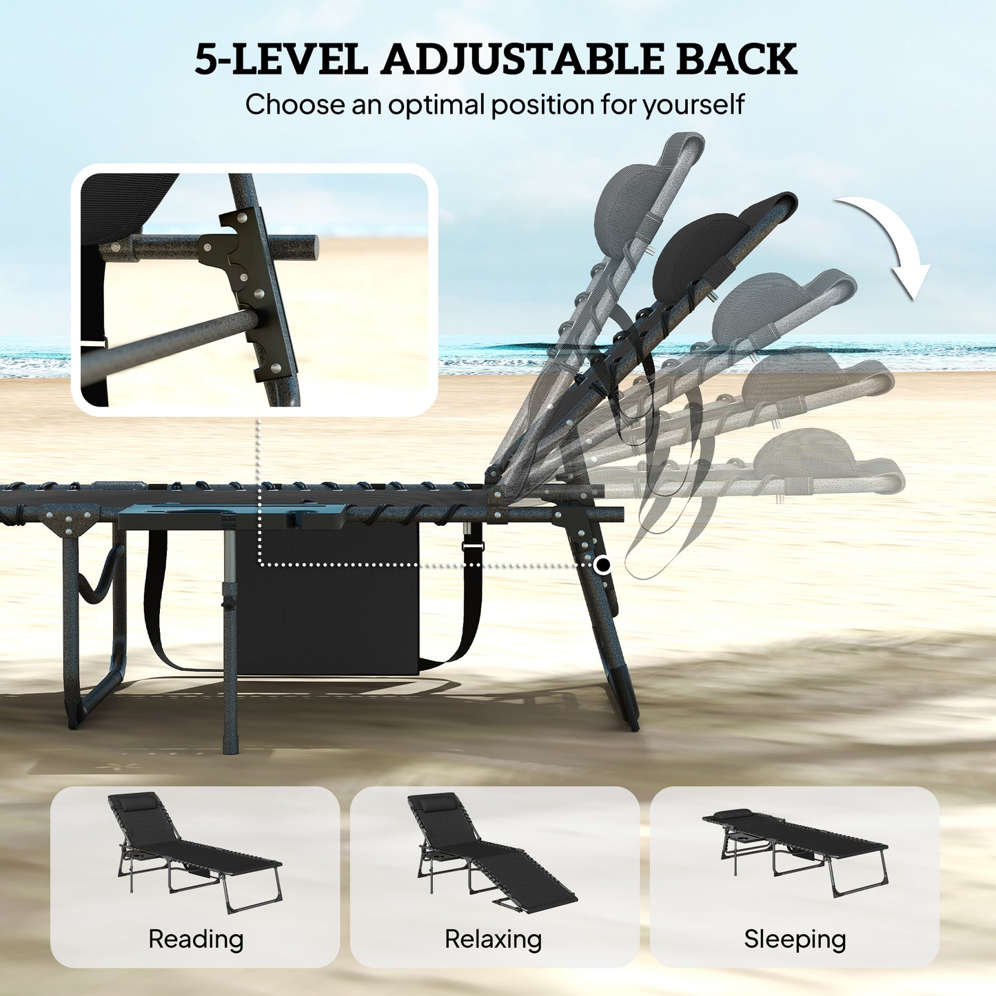 Outsunny Five Position Reclining Sun Loungers Set Of Two In Black With Powder Coated Steel Frames And Removable Pillow