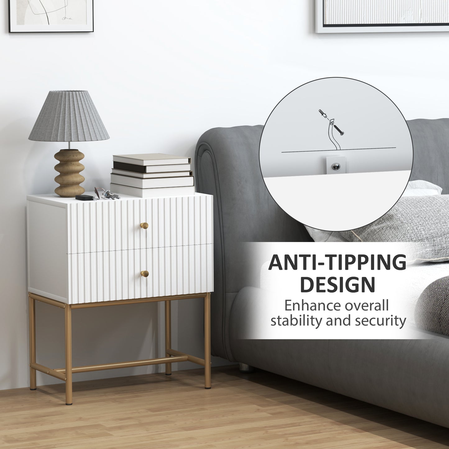 HOMCOM Elegant Two Drawer Bedside Table White With Gold Tone Handles And Metal Base