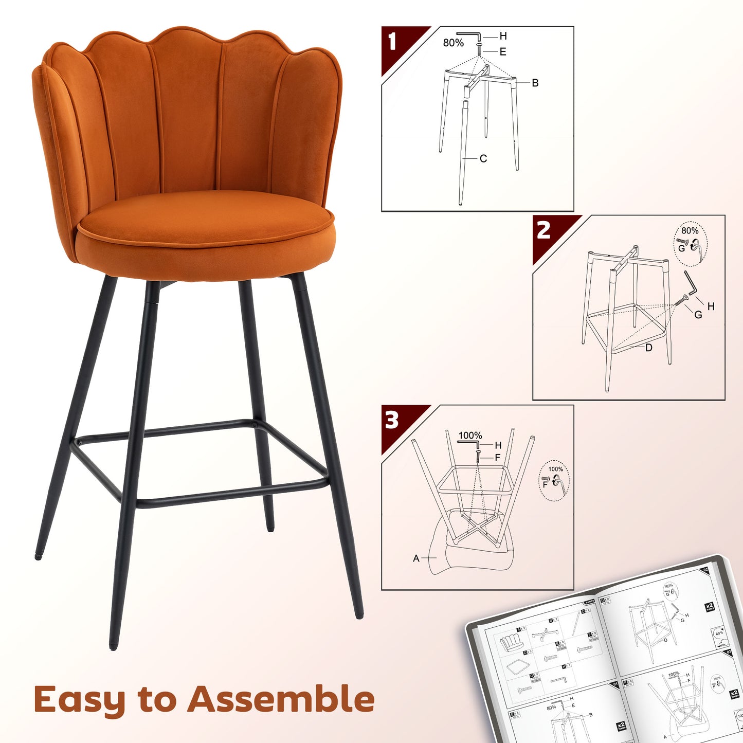HOMCOM Set Of Two Velvet Feel Lotus Bar Stools Orange With High Back Durable Foam Cushions