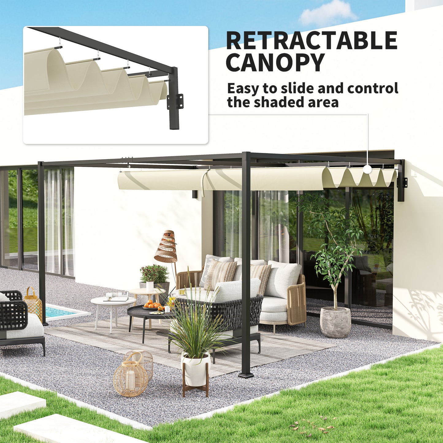 Outsunny 3x4m Steel Pergola With Retractable Canopy And Powder Coated Frame For Outdoor Khaki
