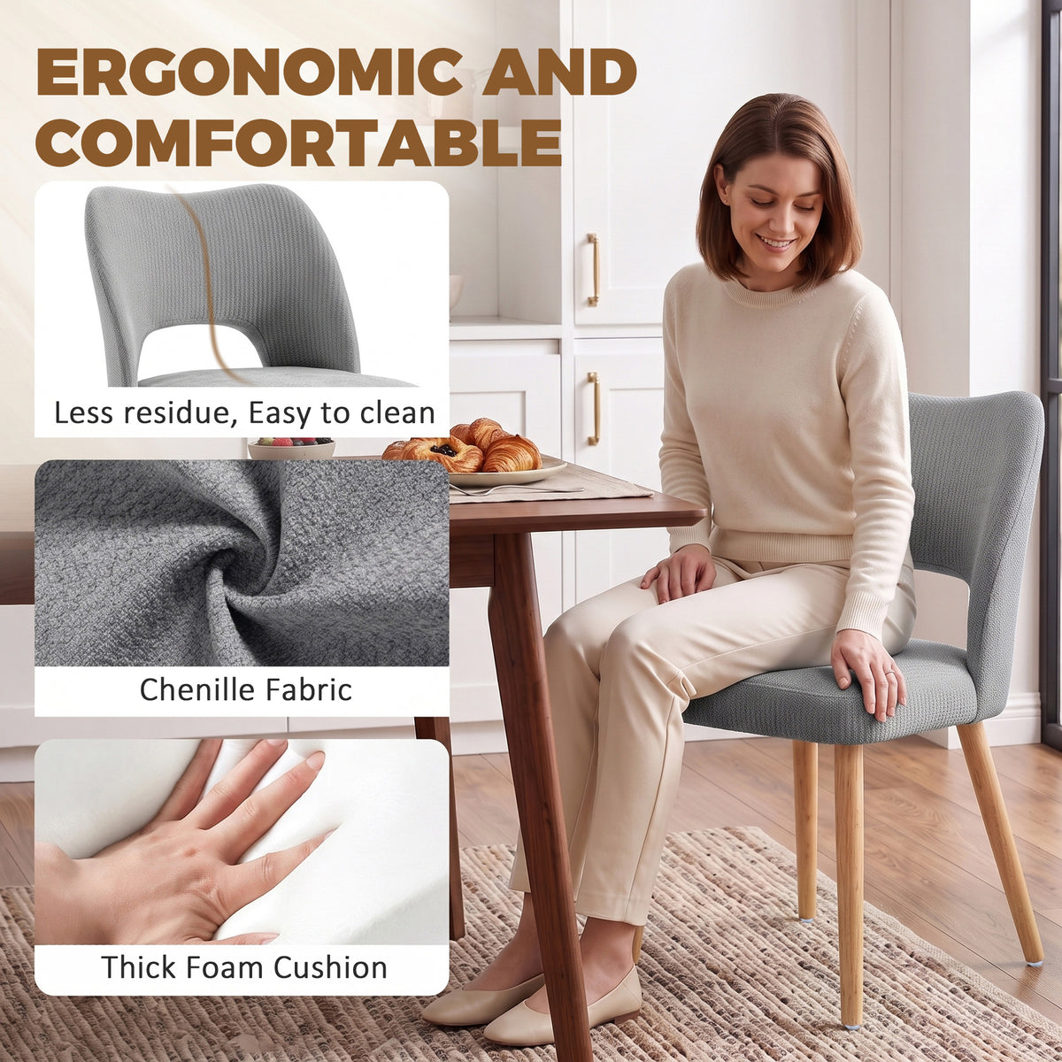 Grey chenille dining chair with thick foam cushion and easy-clean fabric surface