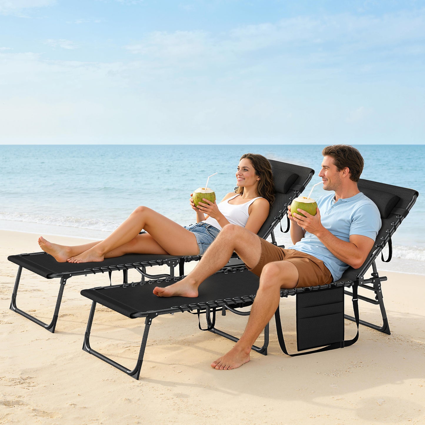 Outsunny Five Position Reclining Sun Loungers Set Of Two In Black With Powder Coated Steel Frames And Removable Pillow