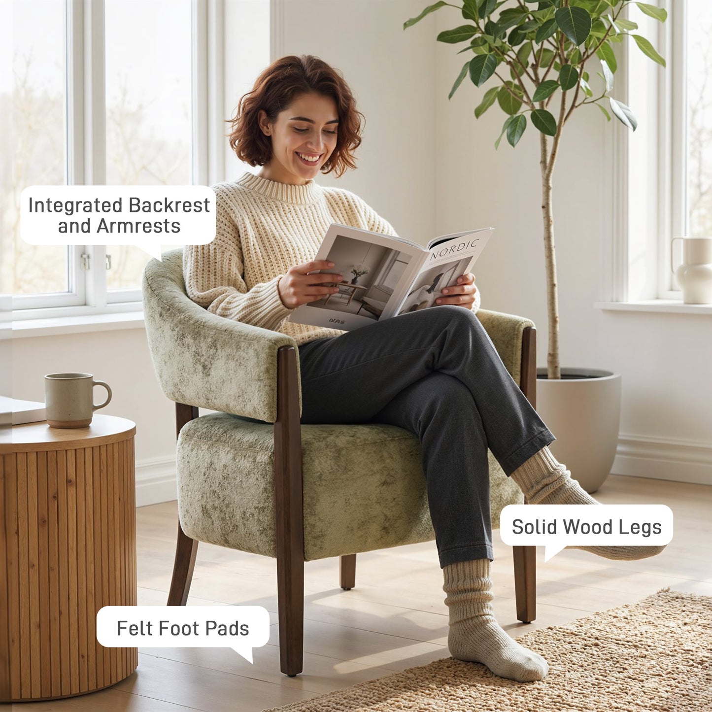 HOMCOM Accent Chair Upholstered Tub Chair With Solid Wood Frame And Legs In Light Brown Chenille Fabric