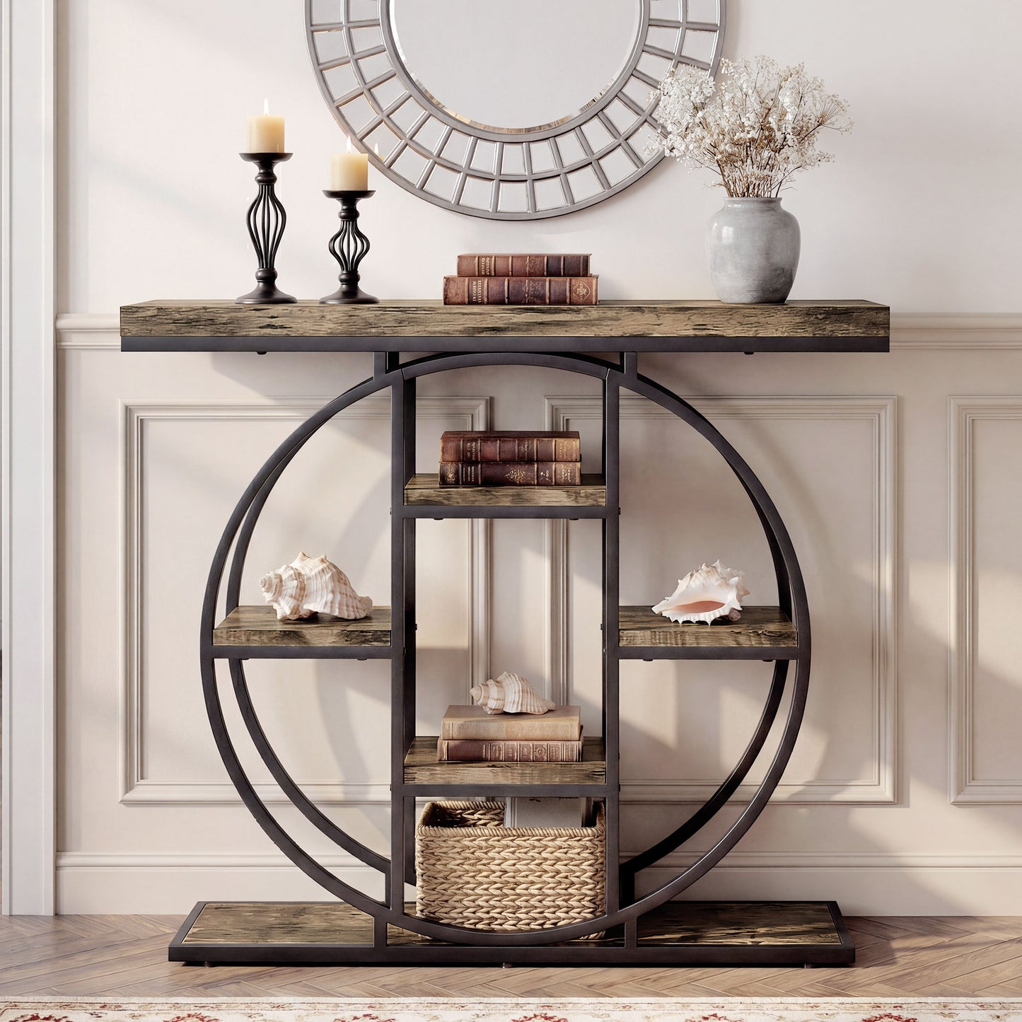 HOMCOM Industrial Console Table With Storage Shelves For Entryway Rustic Brown Vintage Style Thick Tabletop