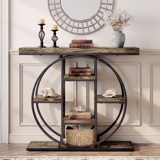 HOMCOM Industrial Console Table With Storage Shelves For Entryway Rustic Brown Vintage Style Thick Tabletop