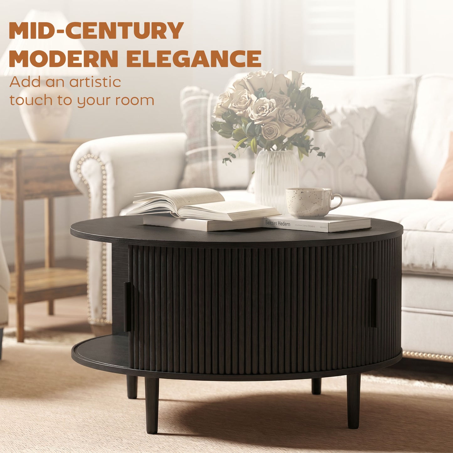 HOMCOM Lift Top Round Coffee Table With Hidden Storage And Fluted Sliding Door 80 cm Black Wood Effect