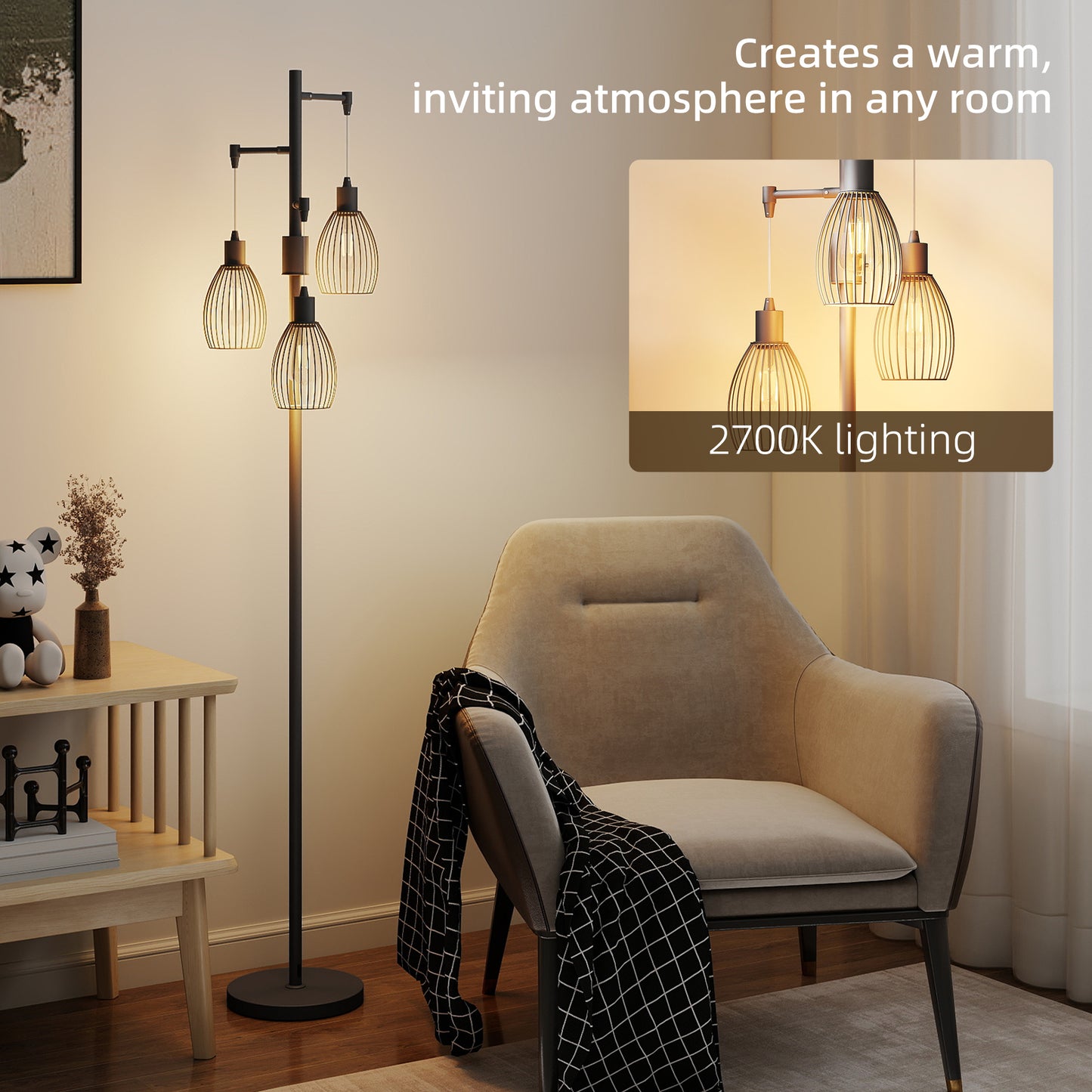 HOMCOM 3-Light LED Floor Lamp 170cm Tall 2700K Dimmable Industrial Standing Lamp with Steel Wire Cage Lampshades Black
