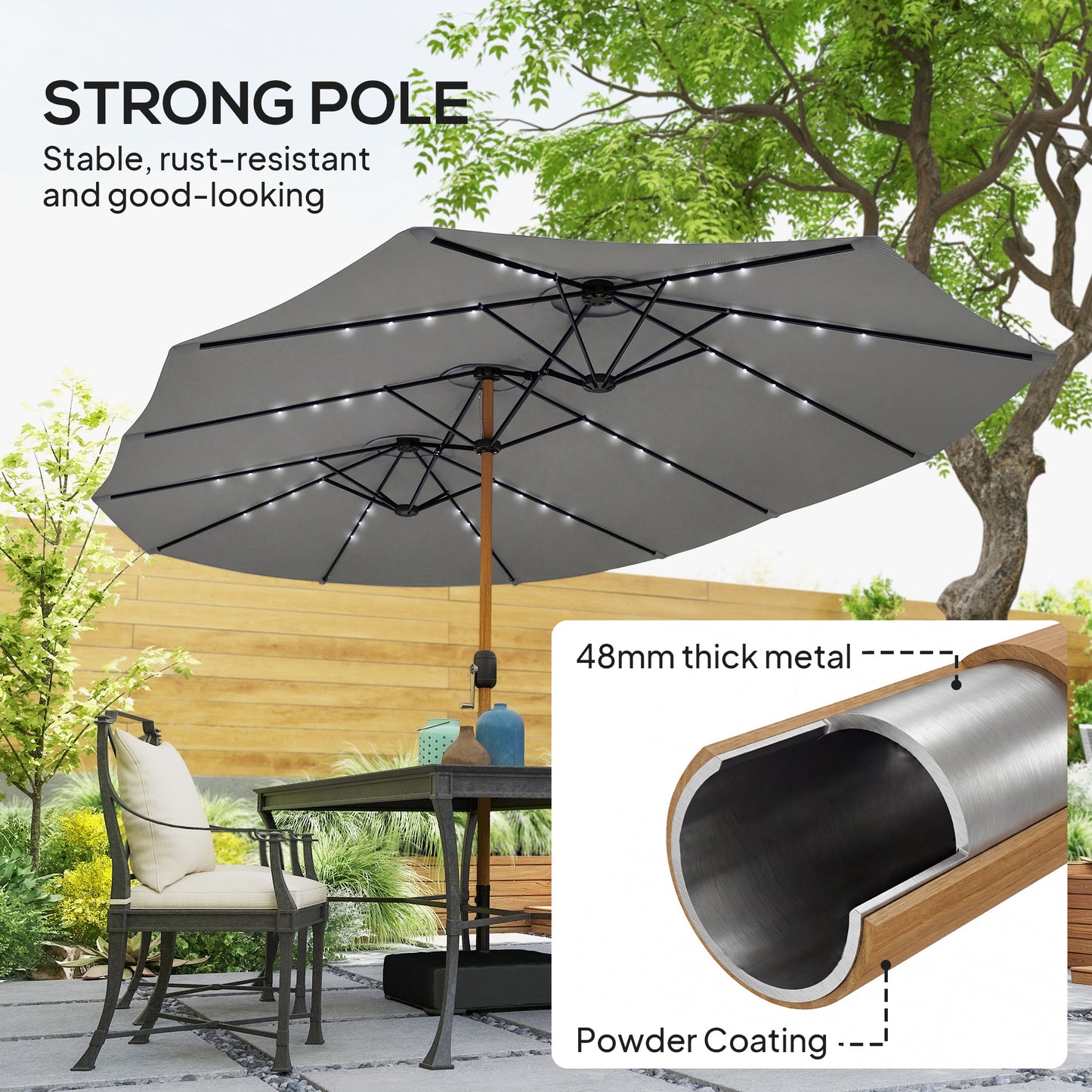 Outsunny Double Sided Garden Parasol With Base Included 48 Solar LED Lights Patio Umbrella Crank Handle 4.6m Light Grey