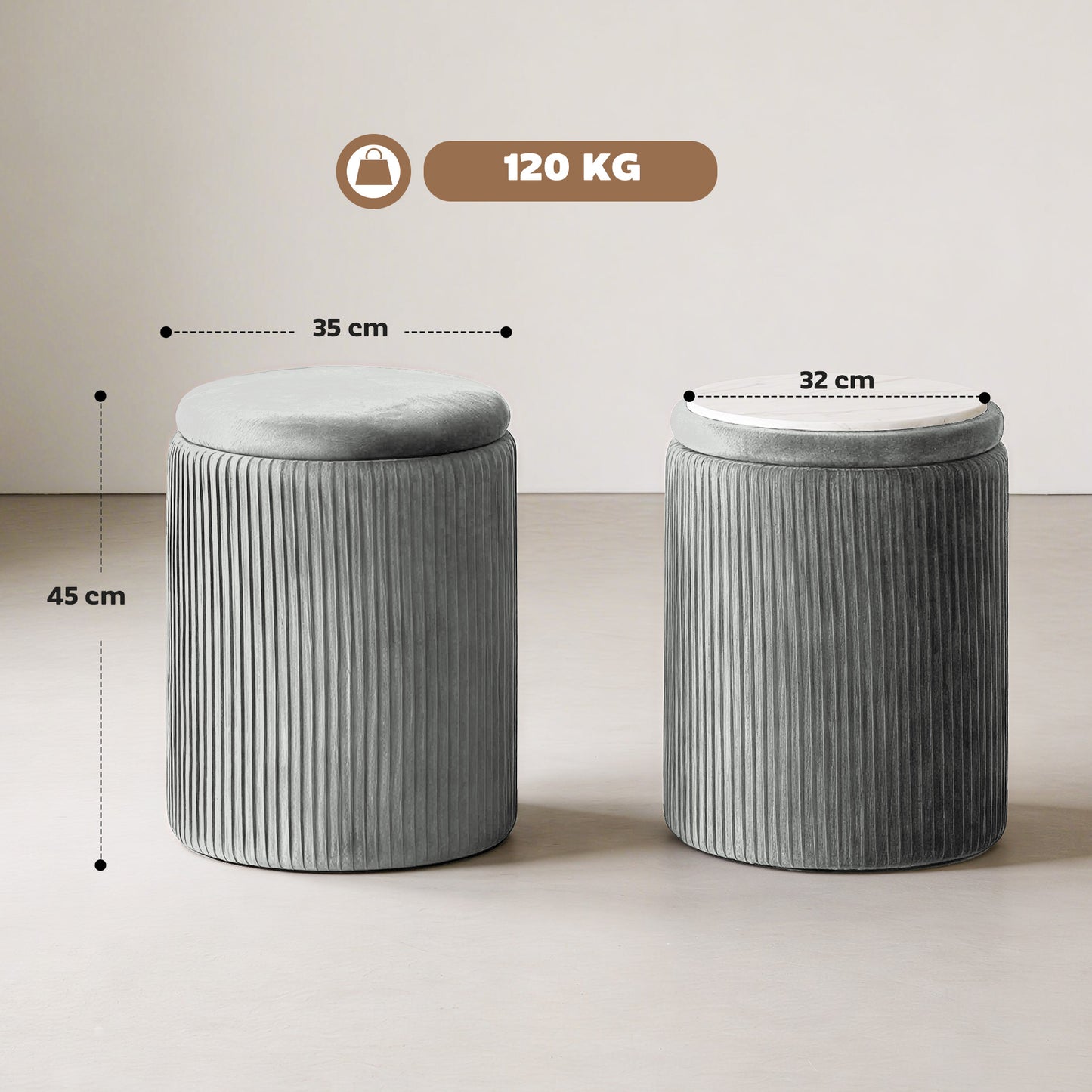 HOMCOM Velvet Round Storage Ottoman Foot Stool 45 cm Grey for Living Room and Bedroom