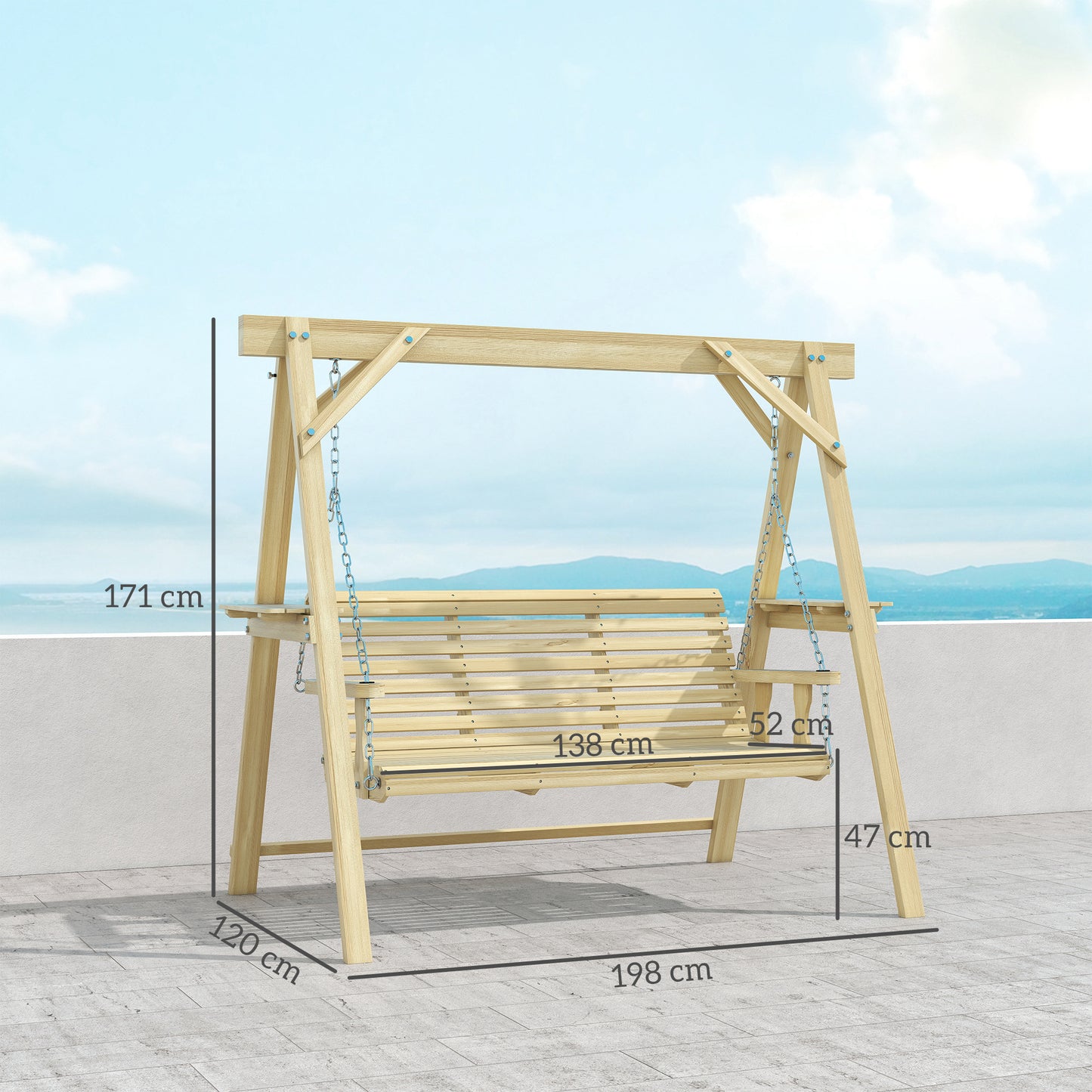 Outsunny Three Seater Wooden Swing Bench With Side Tables For Outdoor Garden Patio Furniture