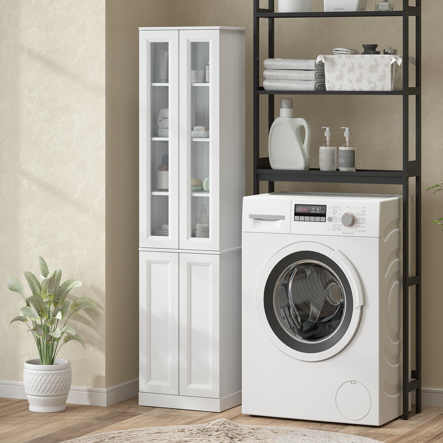 HOMCOM Tall Bathroom Storage Cabinet Six Tier Slim Design With Adjustable Shelf Four Soft Close Doors White